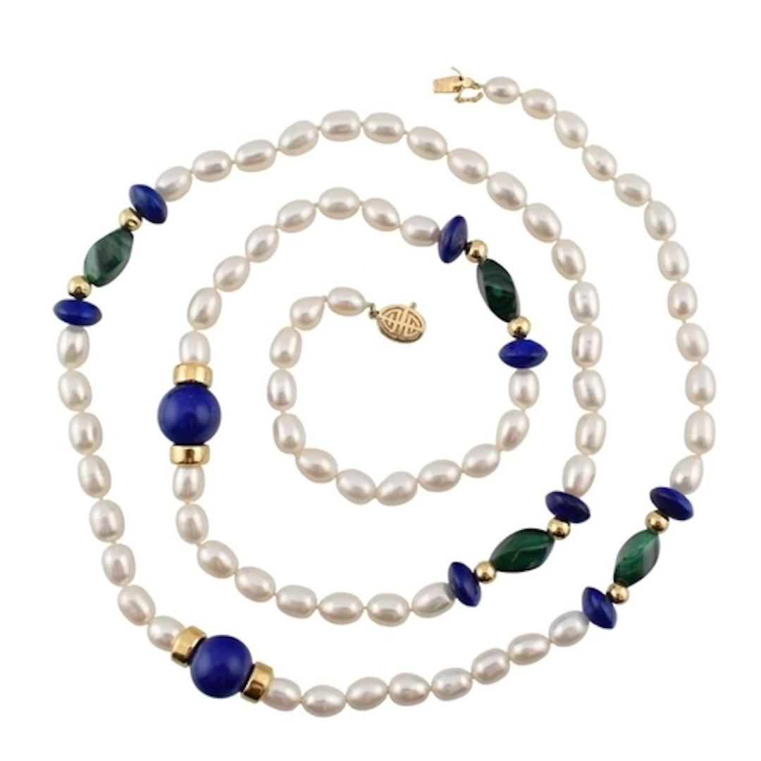 A Chinese 14ct gold pearl, malachite and lapis lazuli neckla...