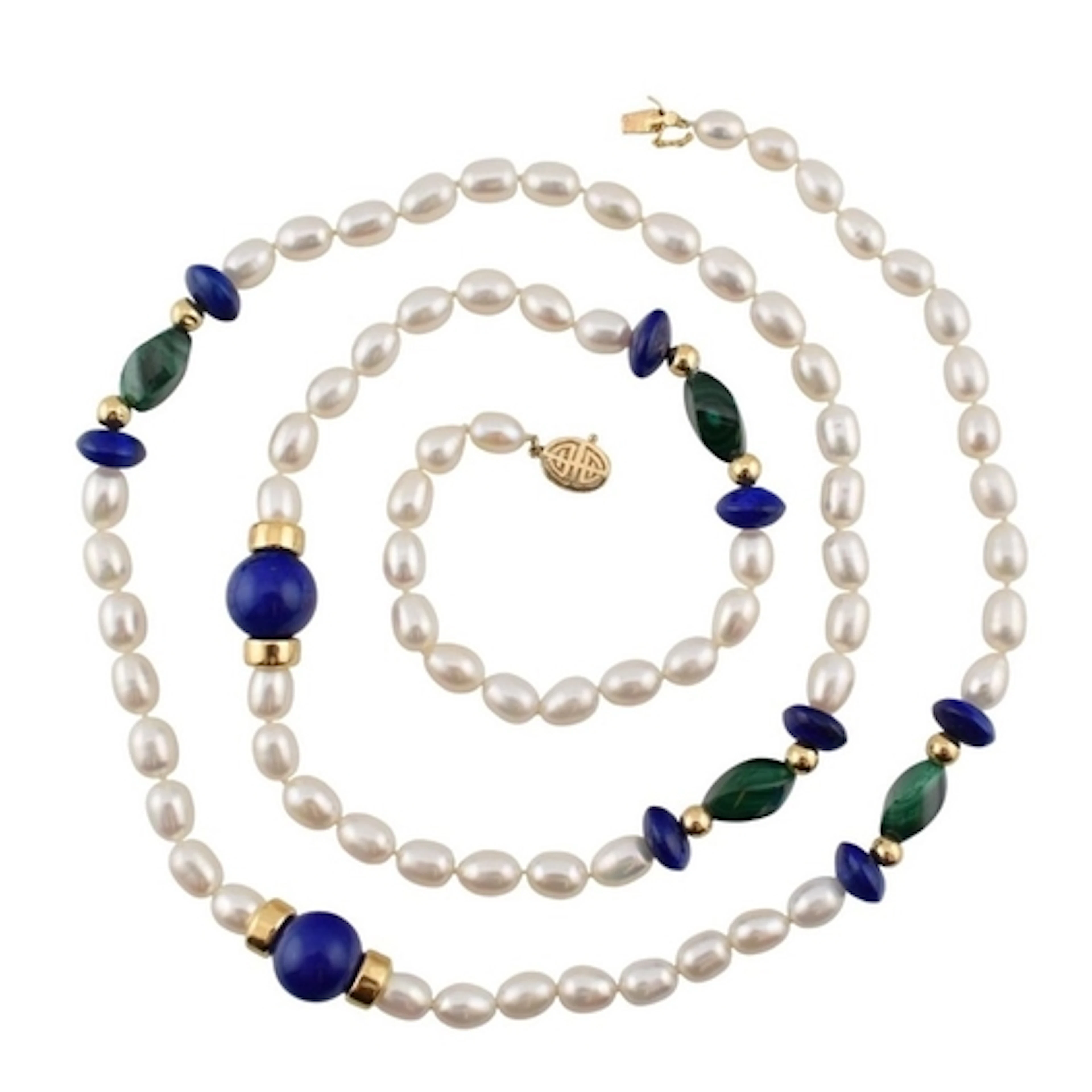 A Chinese 14ct gold pearl, malachite and lapis lazuli neckla...