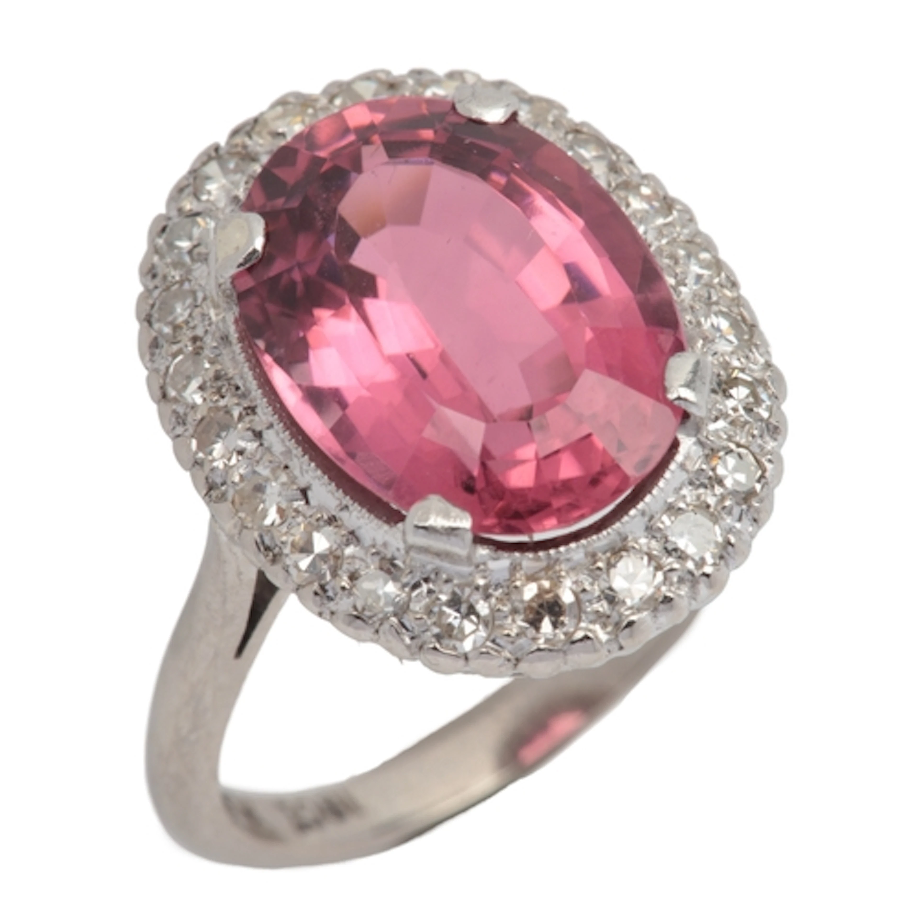 A pink tourmaline and diamond ring, of cluster design, set w...