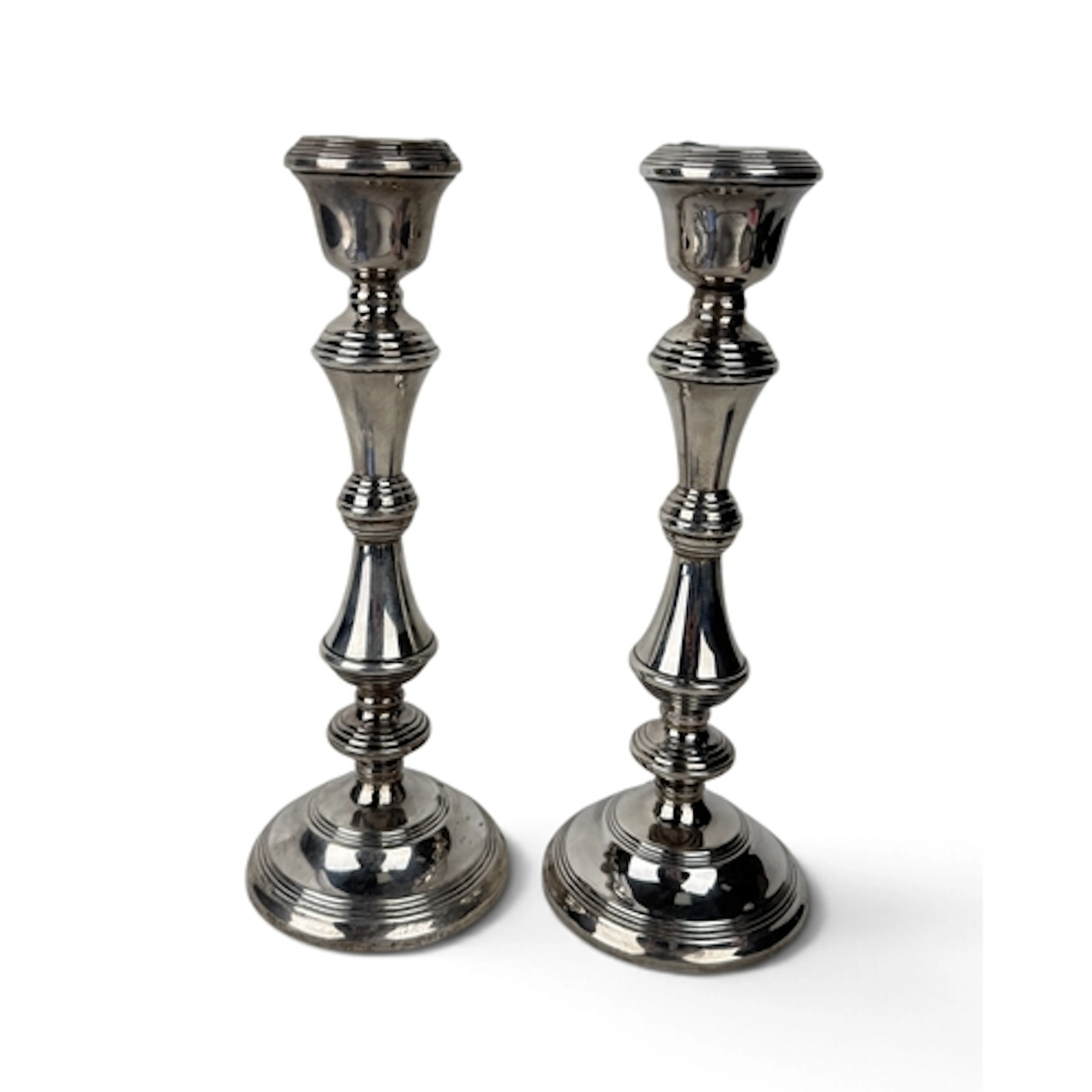 A PAIR OF REPRODUCTION GEORGE III STYLE SILVER CANDLESTICKS,...