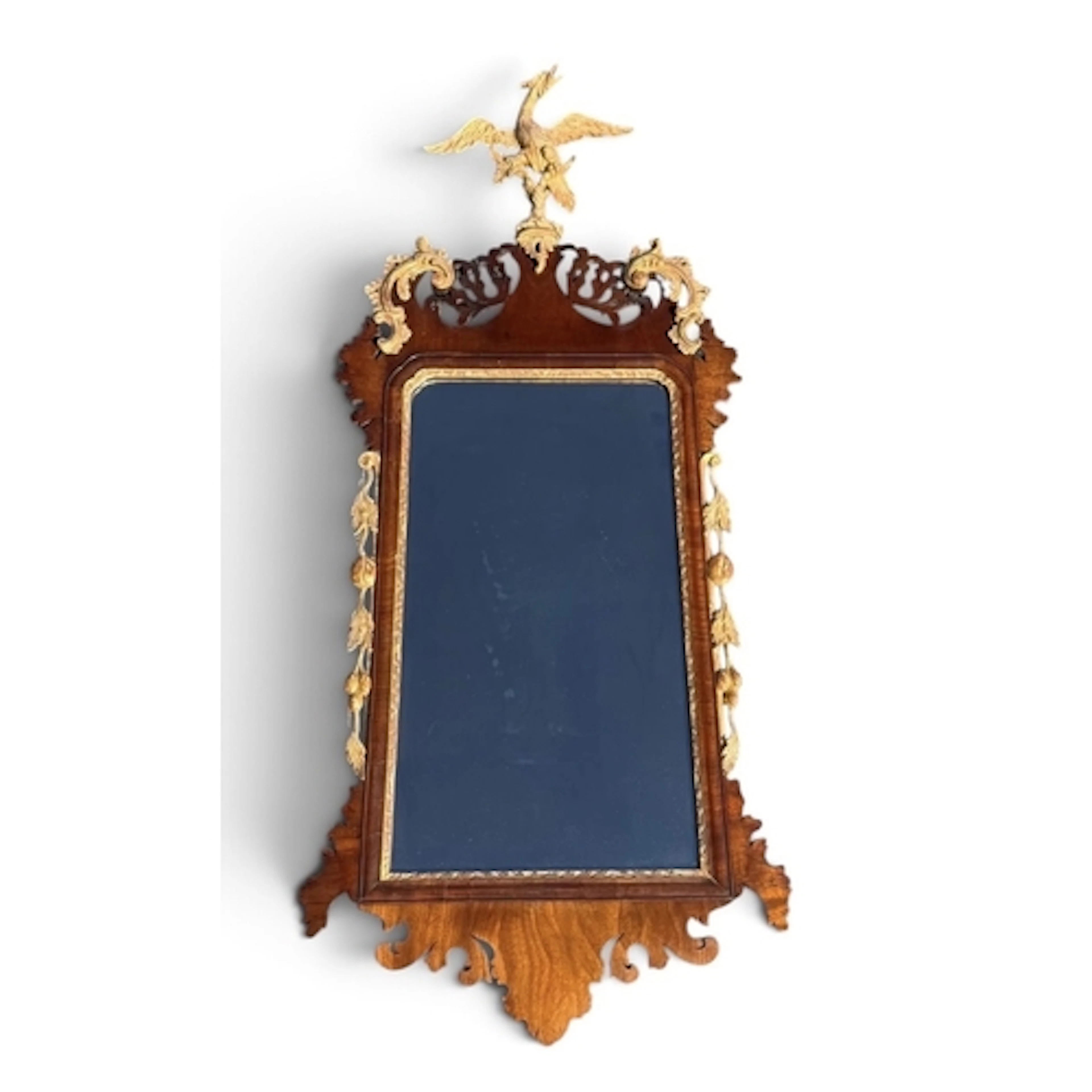 A CHIPPENDALE REVIVAL UPRIGHT WALL MIRROR WITH EAGLE SURMOUN...