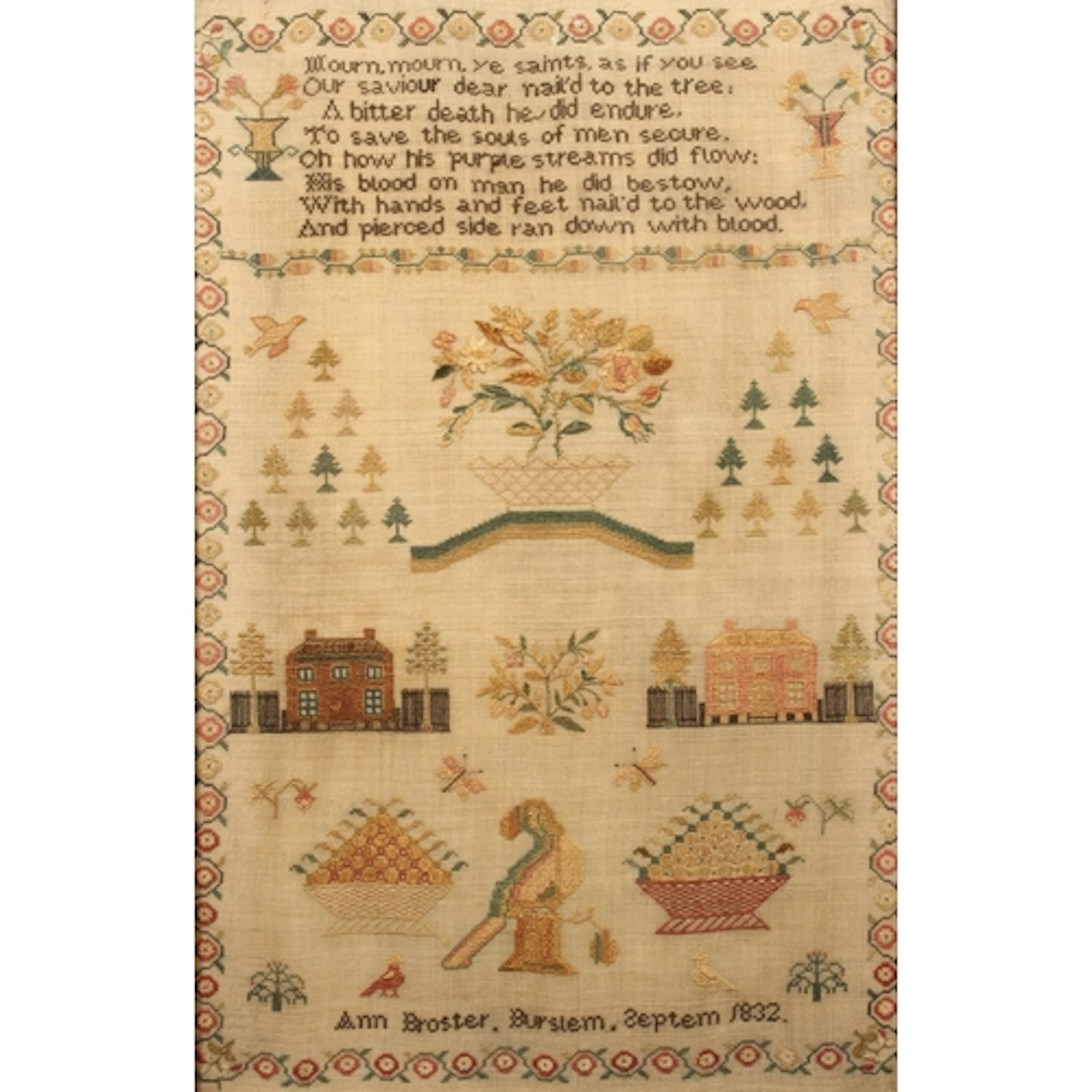 Antique needlework sampler with depictions of two houses, fr...