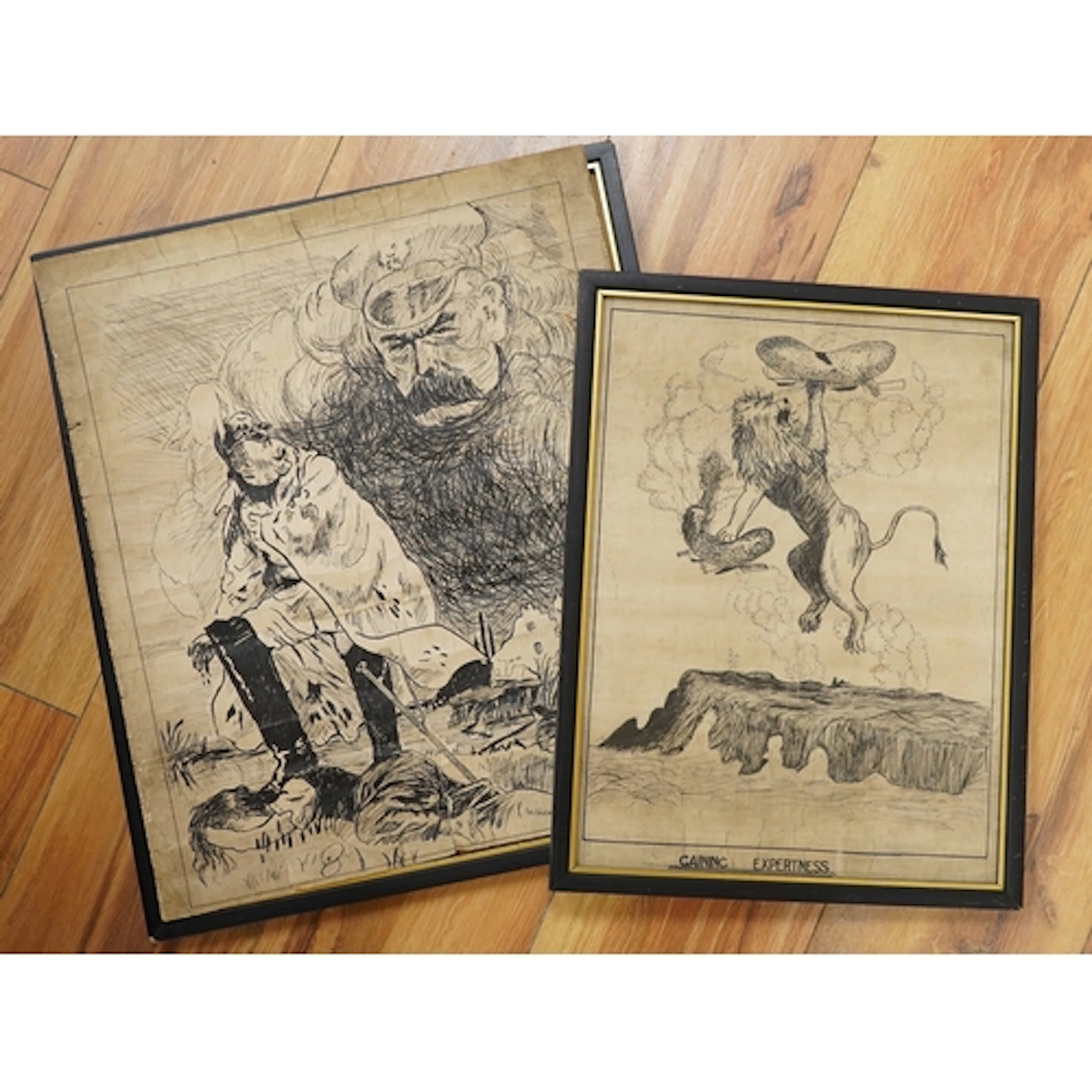 Two WWI pen and ink caricature propaganda poster designs, on...