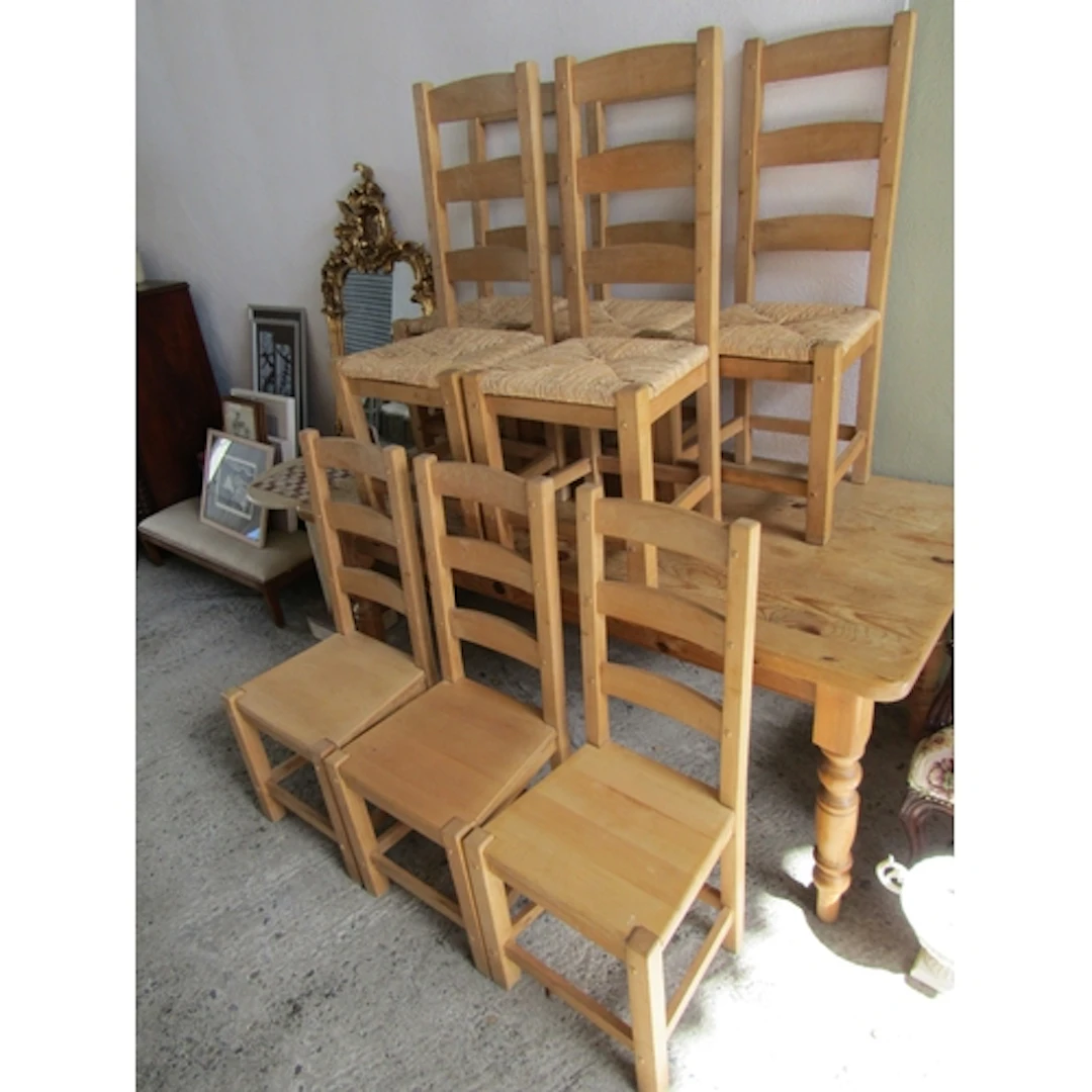 Set of Eight Solid Pine Kitchen Chairs Five with Rush Seatin...