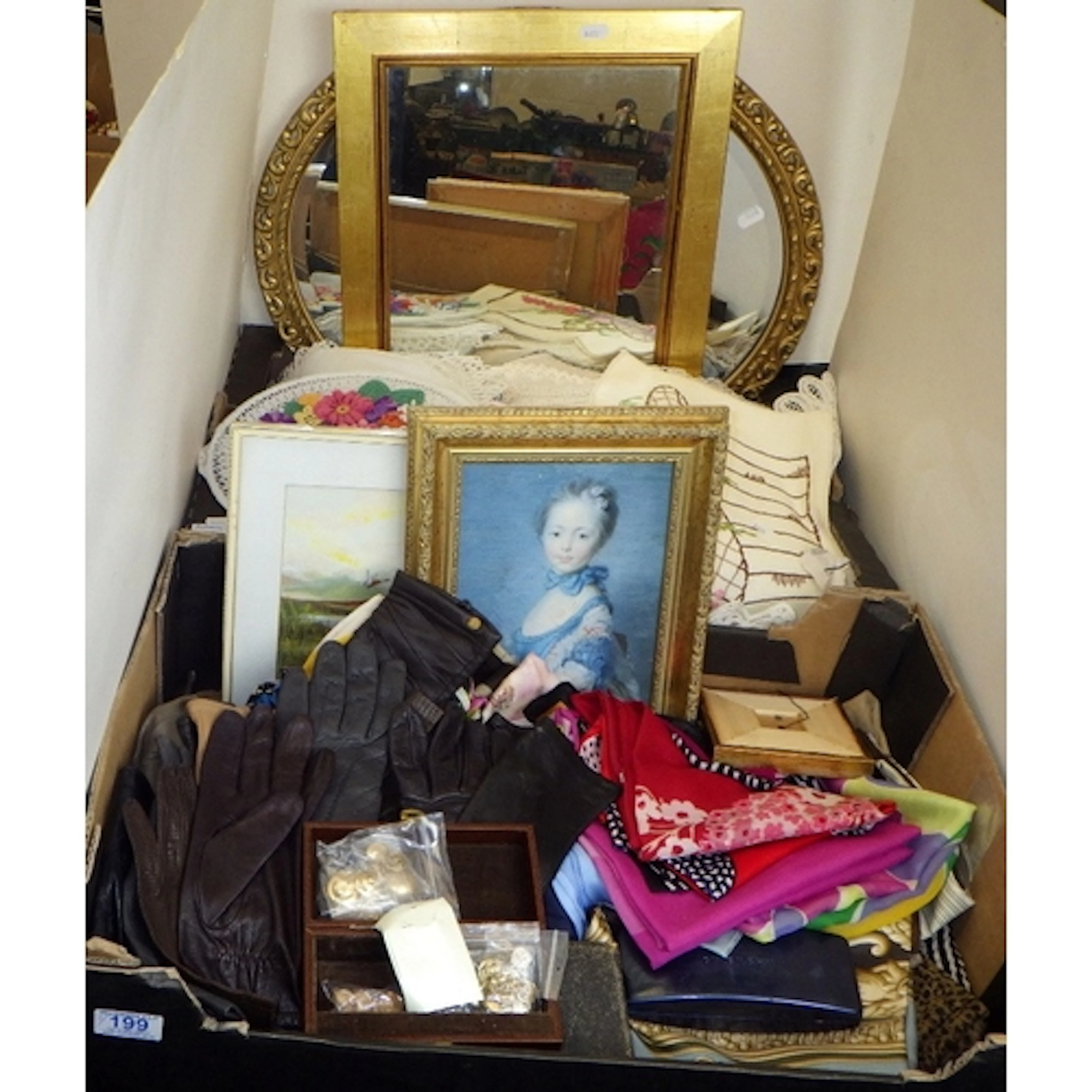 A qty of misc textiles, a print and two mirrors (3)