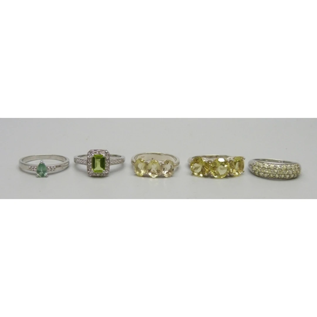 Five silver gemstone rings including TGGC and Gemporia, 15g ...