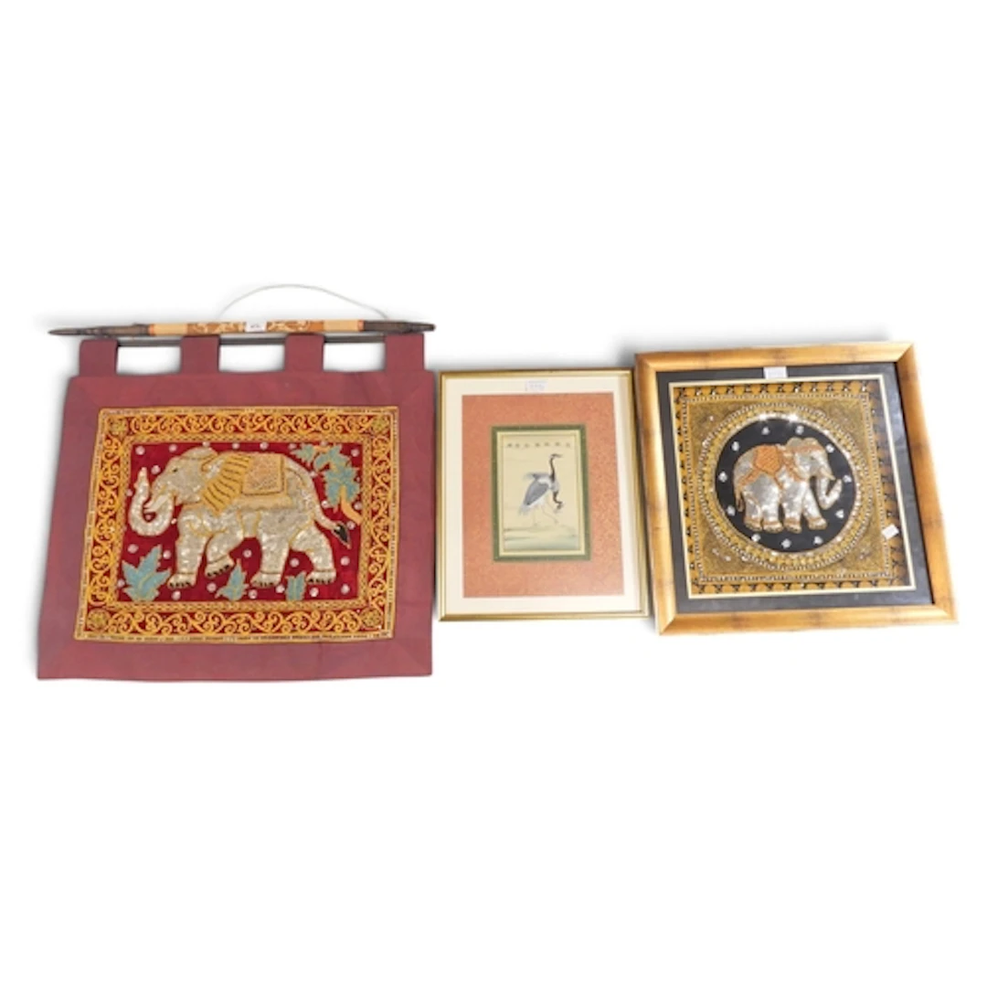 A Thai elephant wall hanging 54 x 68cm and another and...