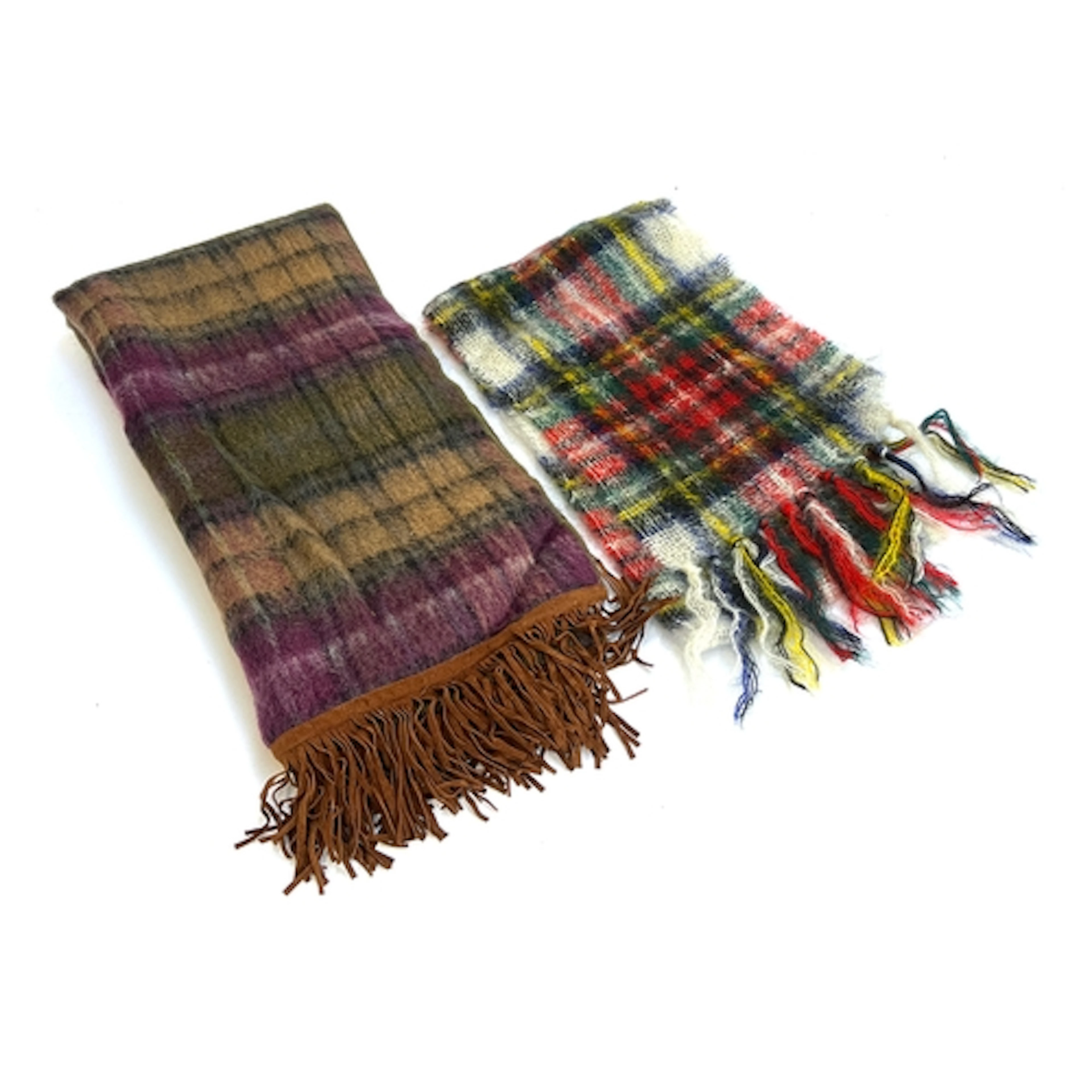 A large purple check mohair wool blend scarf with suede frin...