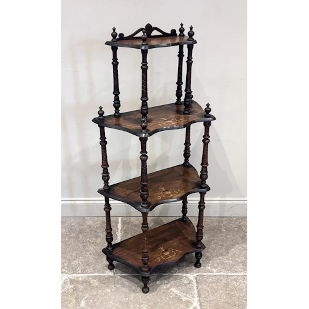 A Victorian walnut and marquetry inlaid etagere, with four s...