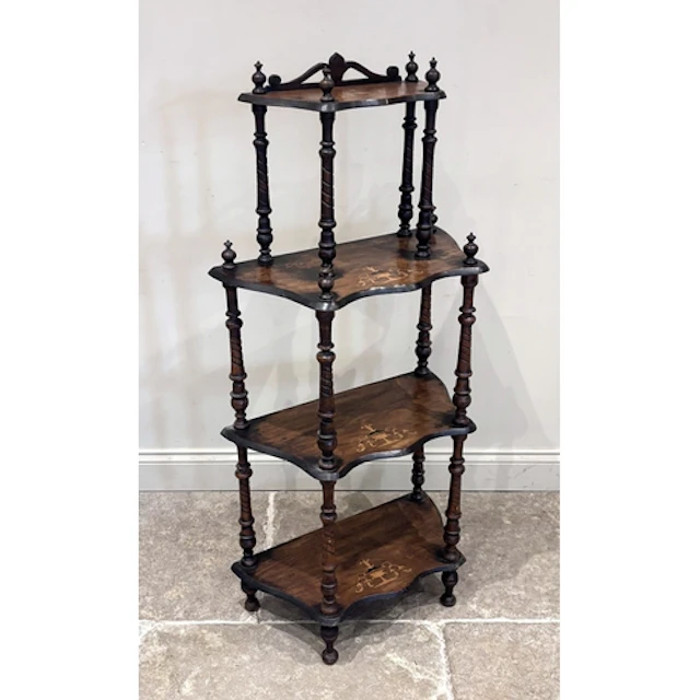 A Victorian walnut and marquetry inlaid etagere, with four s...