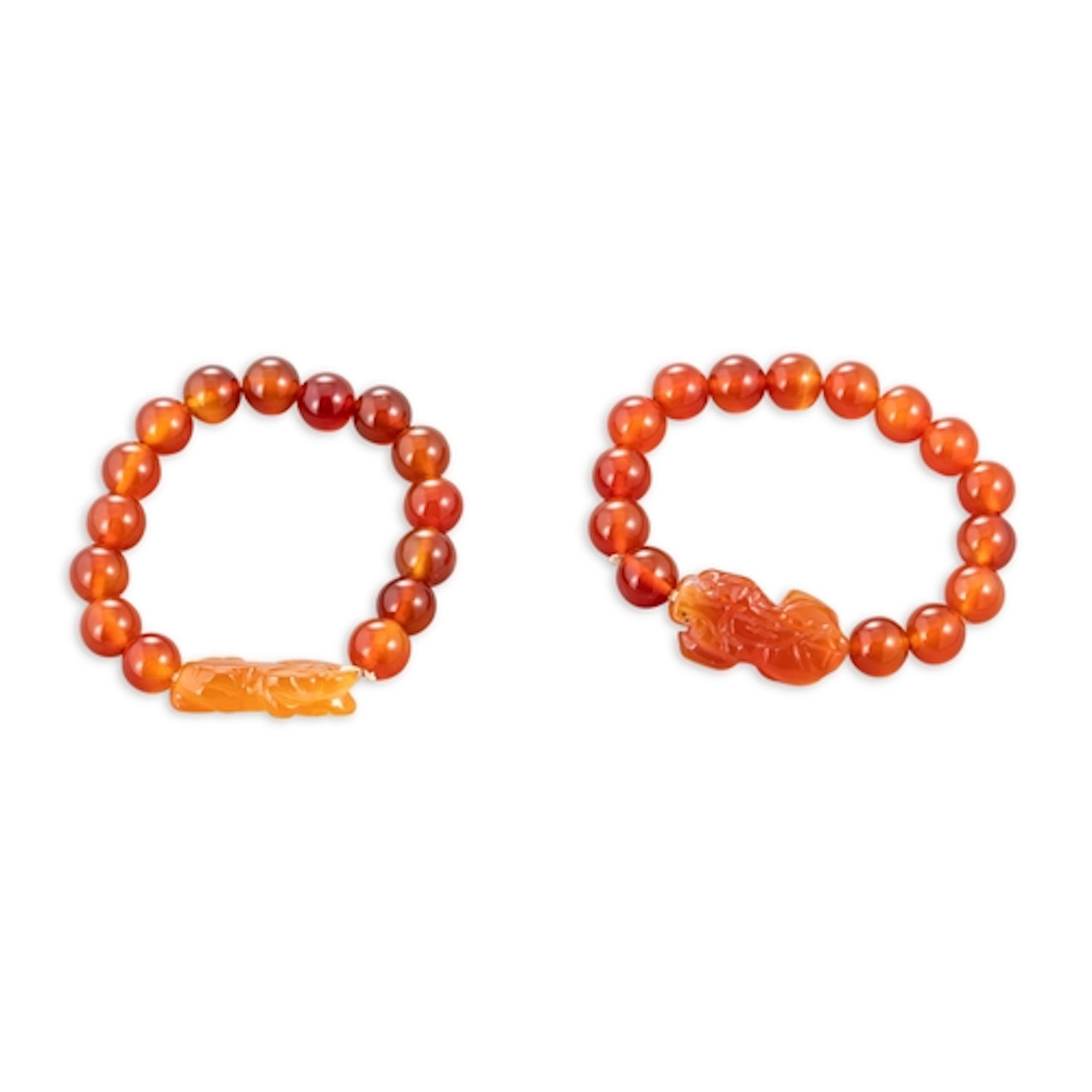 A PAIR OF CARVED CARNELIAN BEADED BRACELETS, depicting Chine...