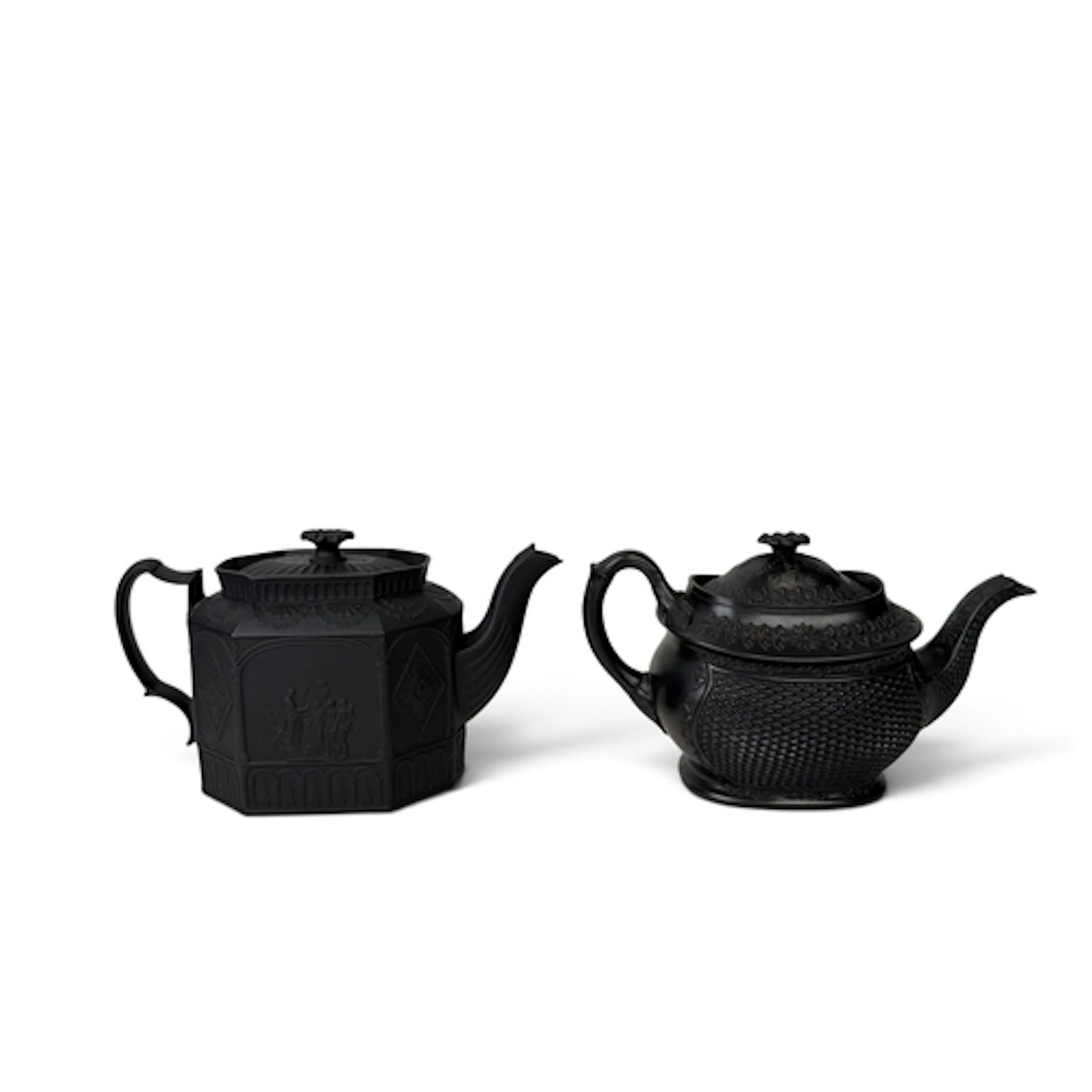 AN ENGLISH BLACK BASALT TEAPOT, CIRCA 1800 15.5cm high. And ...