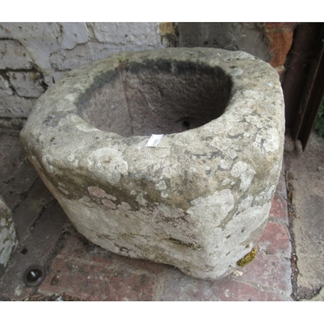 Small antique square carved stone planter, 38cm square x 27c...