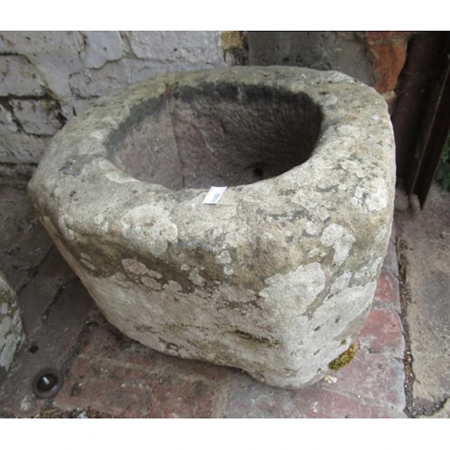 Small antique square carved stone planter, 38cm square x 27c...