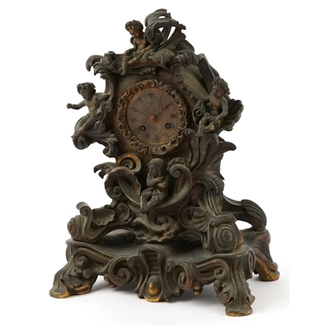 19th century Rococo style patinated bronze mantle clock moun...