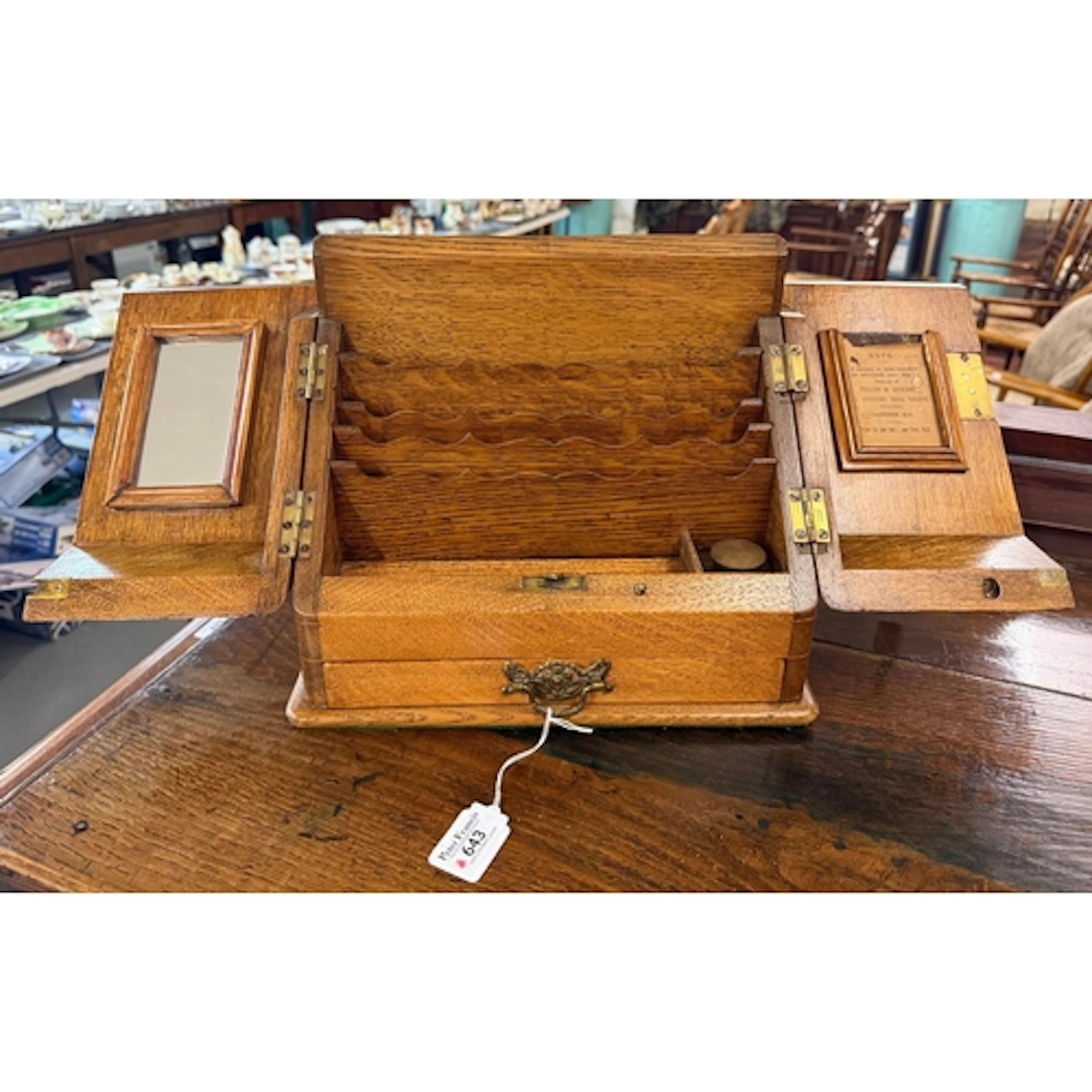 Late Victorian pale oak two door table top stationary cabine...