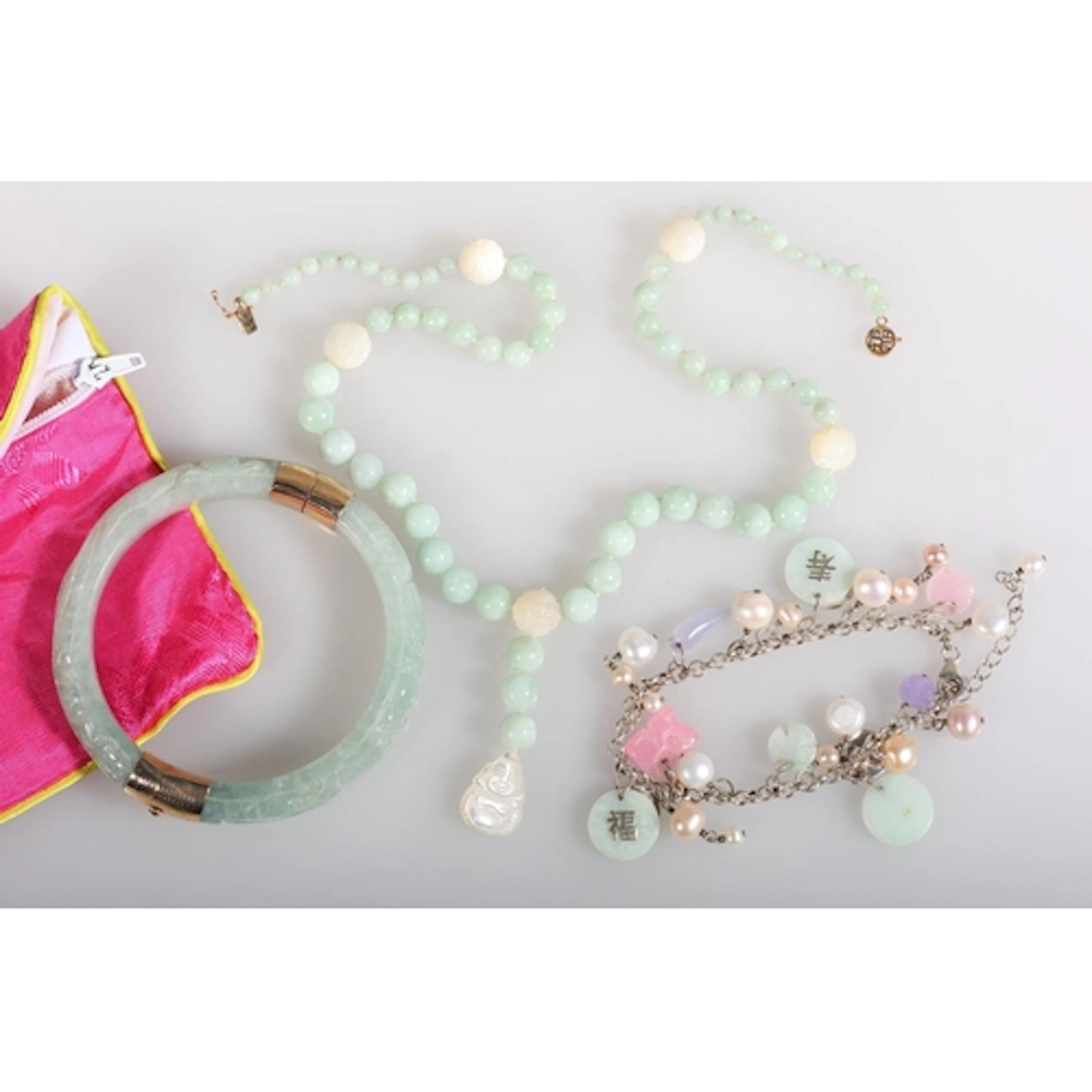 Chinese jade hardstone bracelet with QVC 14ct gold clasp, a ...