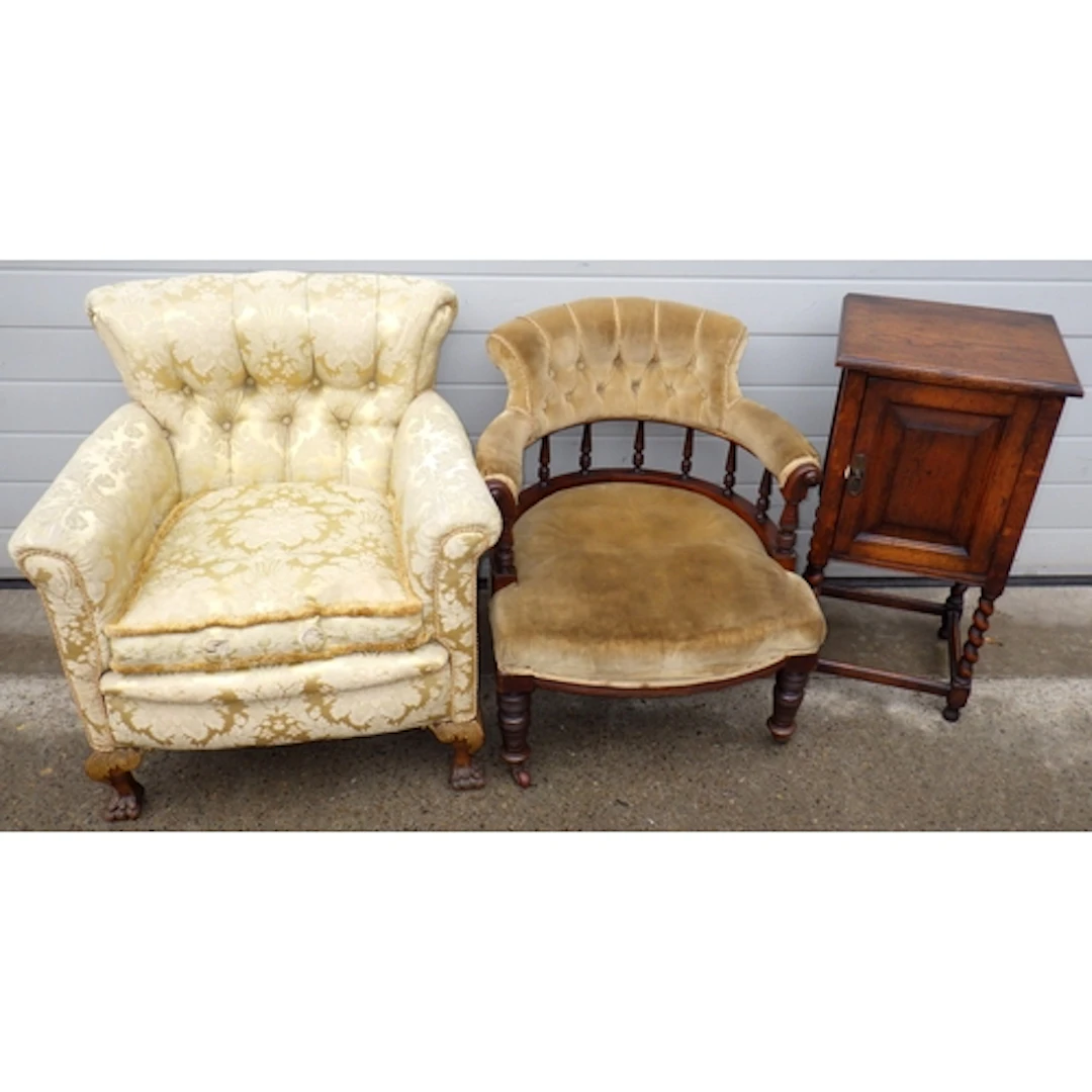 A 1930's barleytwist oak bedside cabinet, Edwardian tub chai...