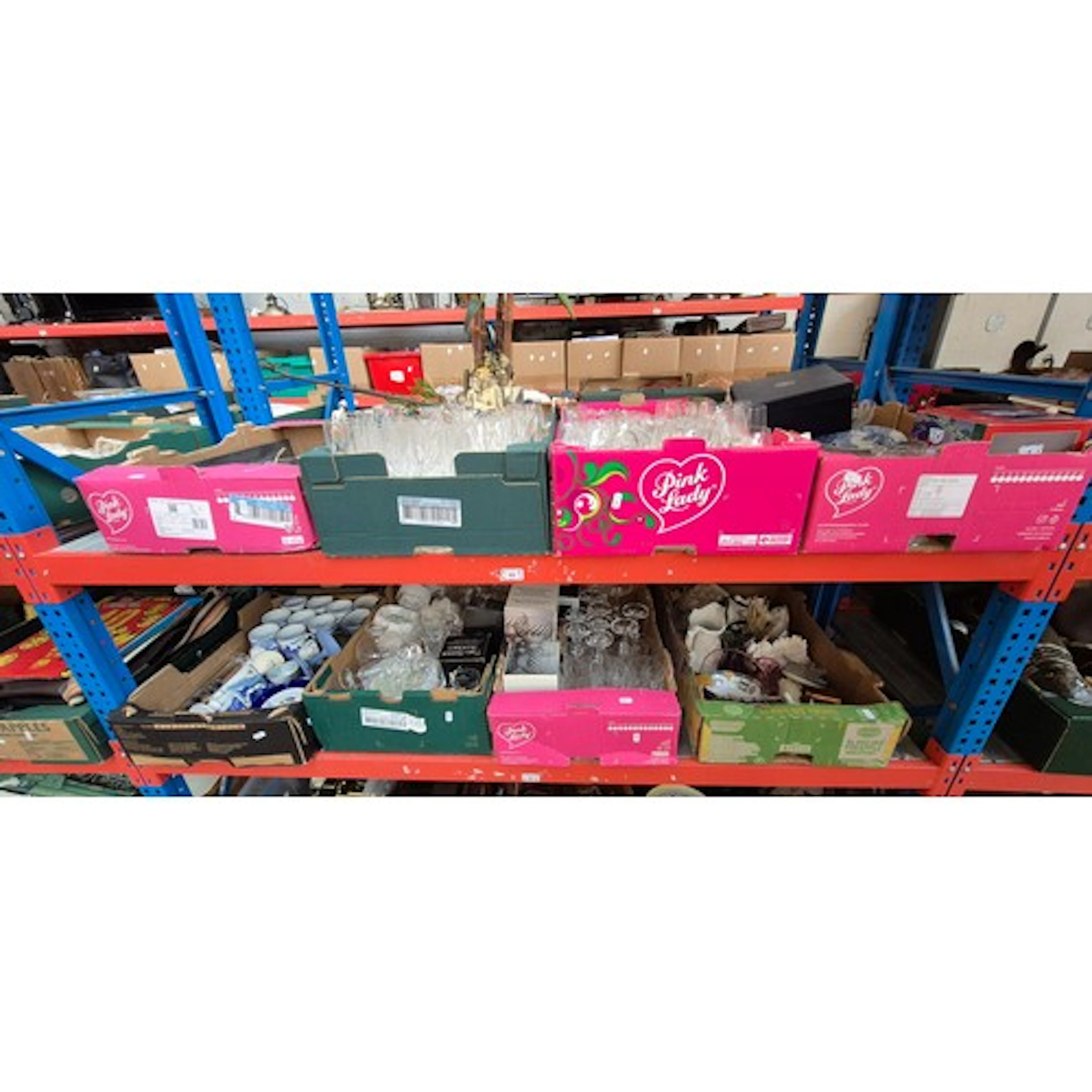2 shelves (8 boxes) of mainly glass and ceramics including S...