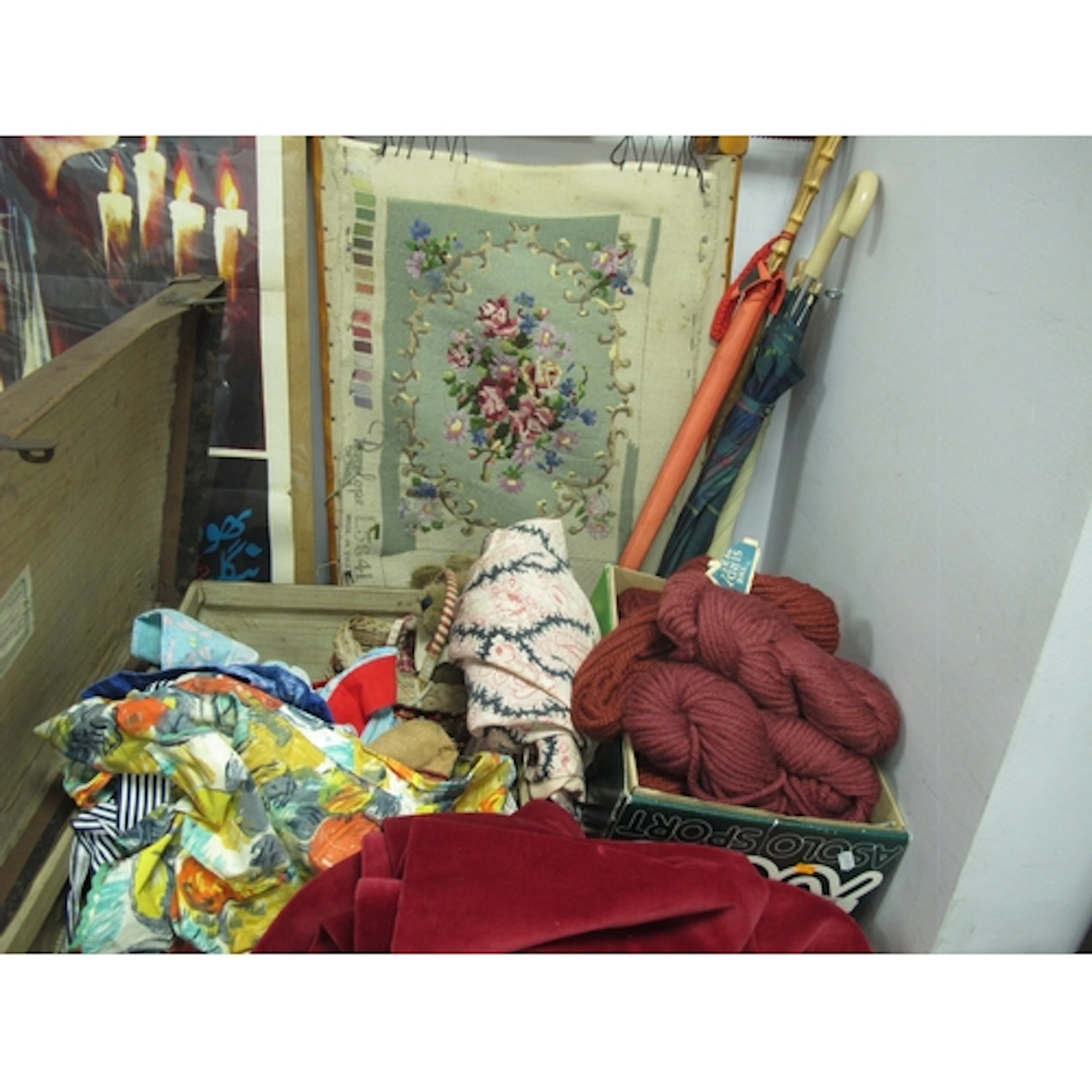 Vintage Quilt, aprons, scarf, etc, in a case, Sirdar Persian...