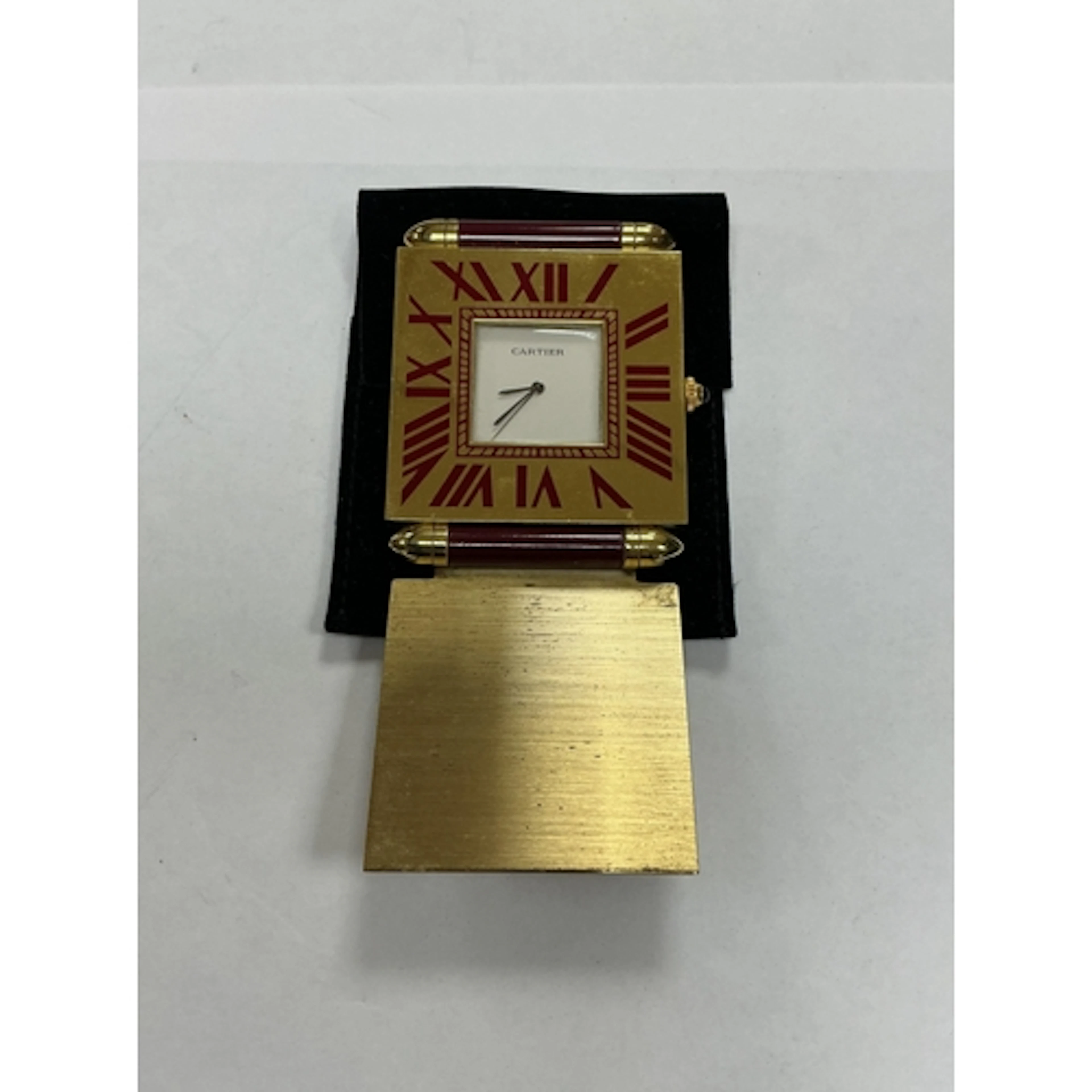A Cartier brass folding square desk clock, ref. 890909089, 6...