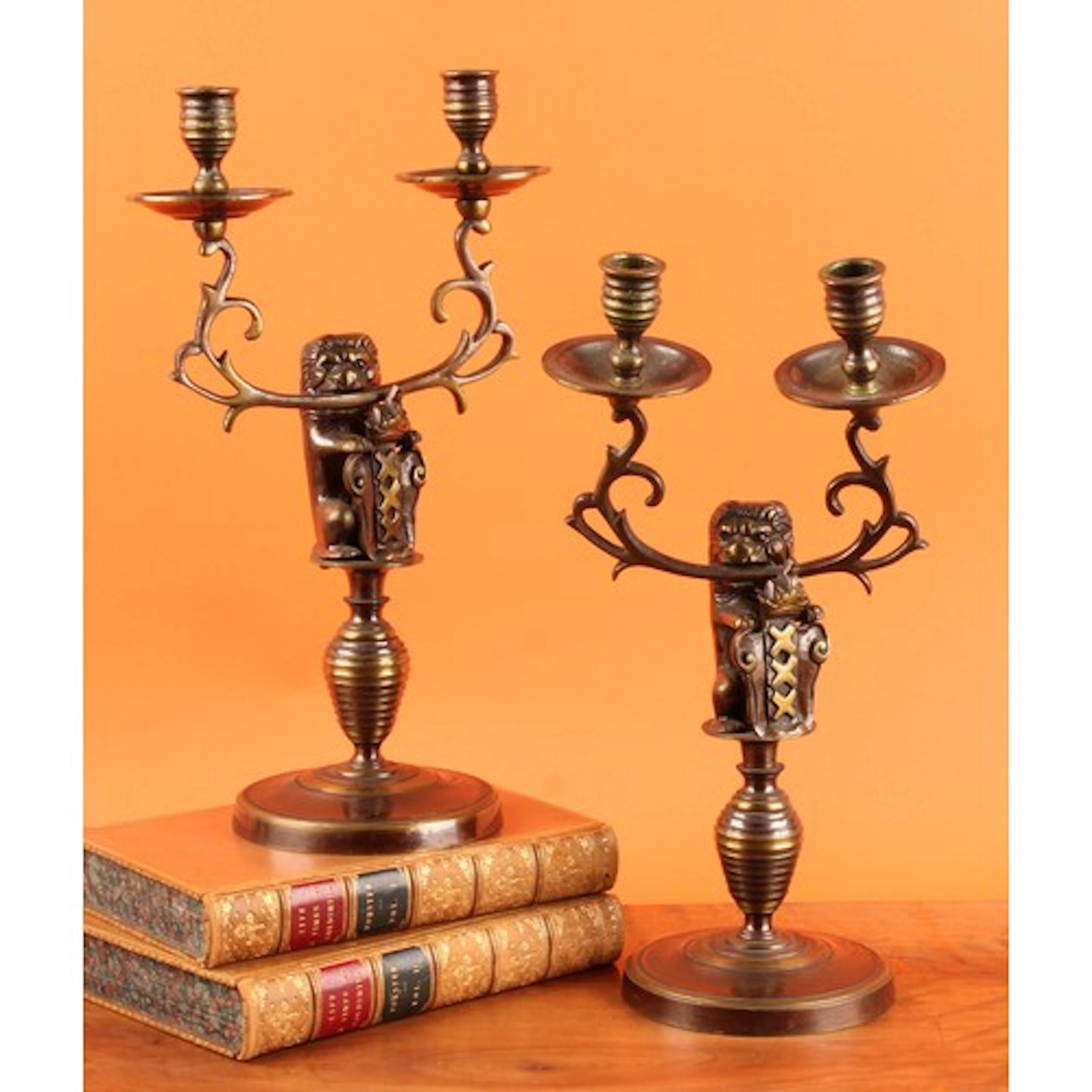 A pair of 19th century Dutch brass candelabra, campana sconc...