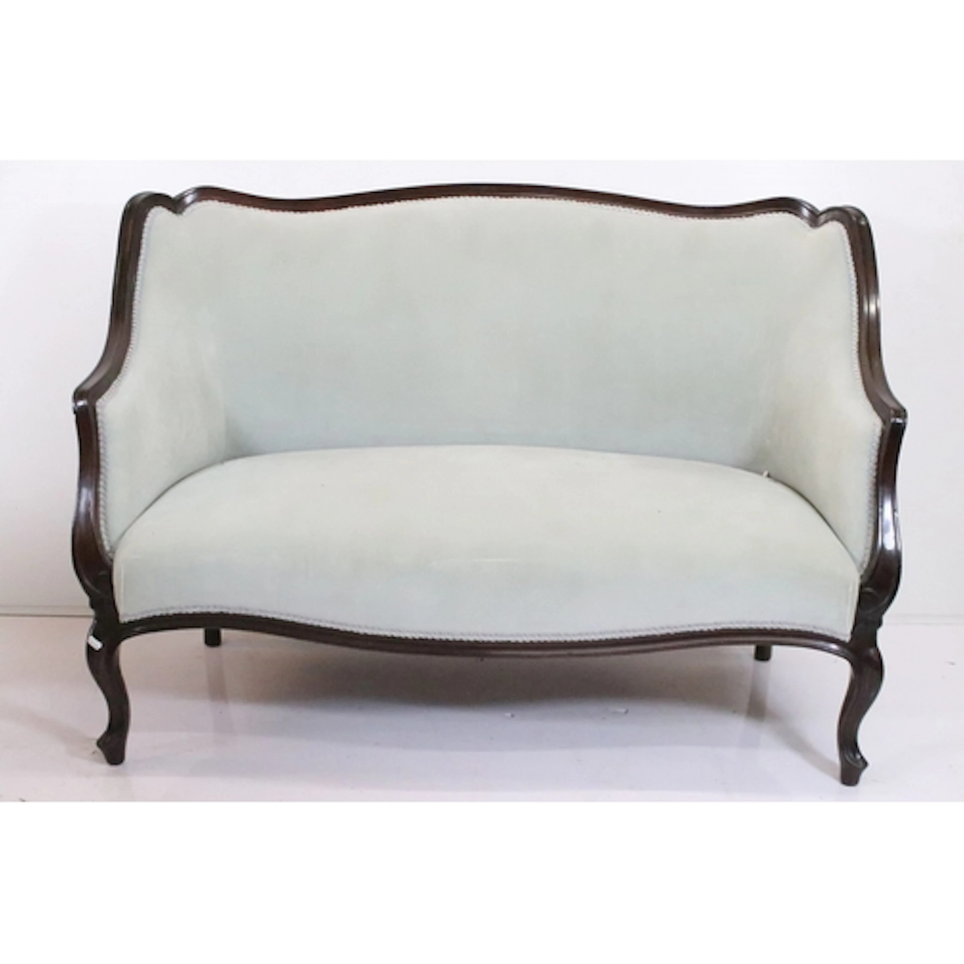Reproduction show frame two seater salon sofa, having blue u...