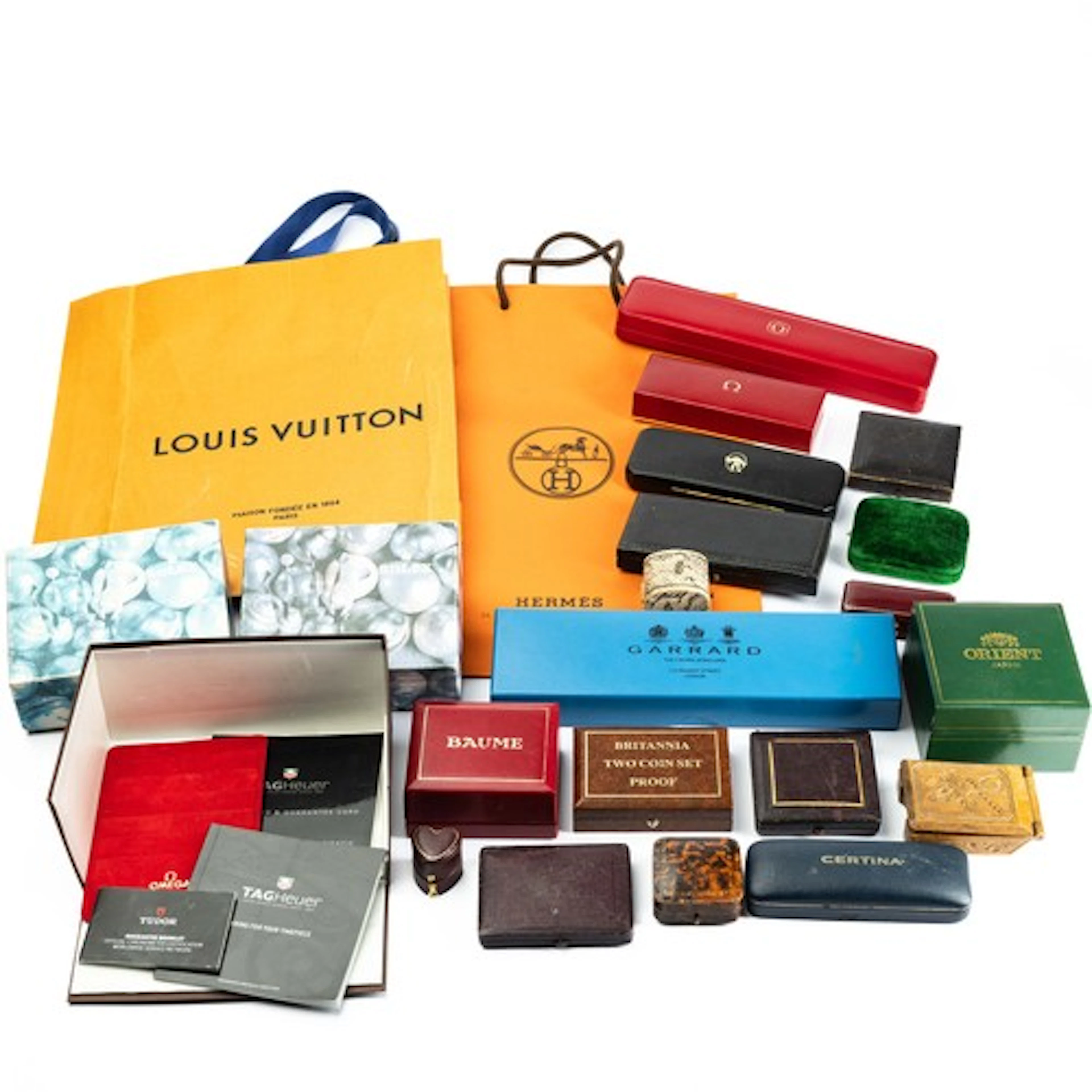 A collection of empty jewellery and watch boxes, includes br...