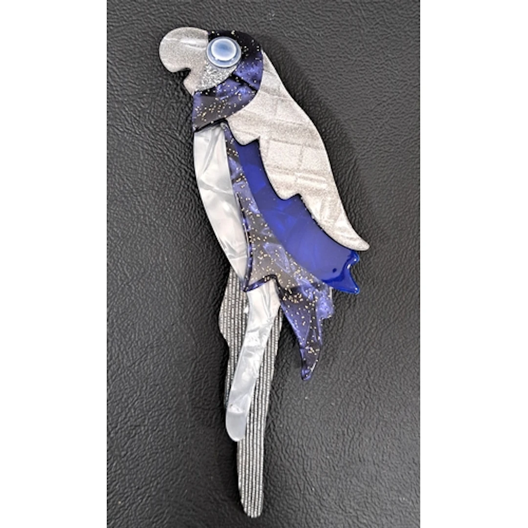 LEA STEIN PARROT BROOCH in tones of blue and silver, marked ...