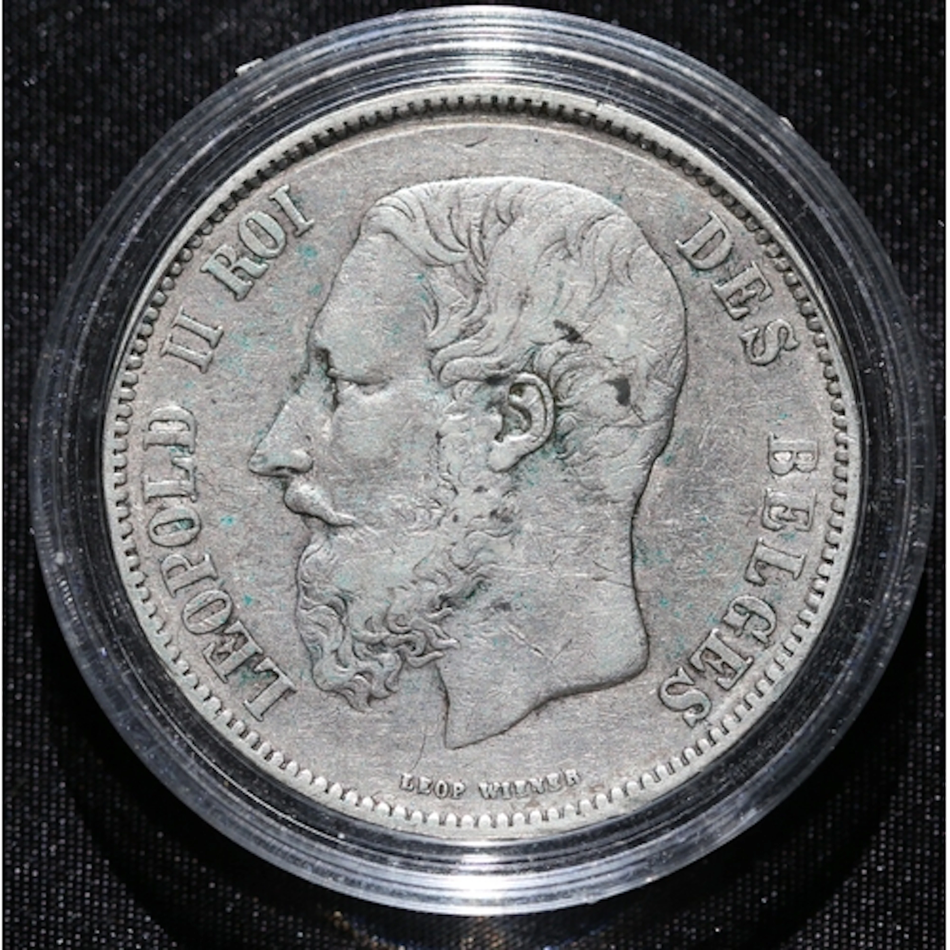 Silver Belgium 5 Francs Coin, King Leopold II 1873 - 90% Sil...
