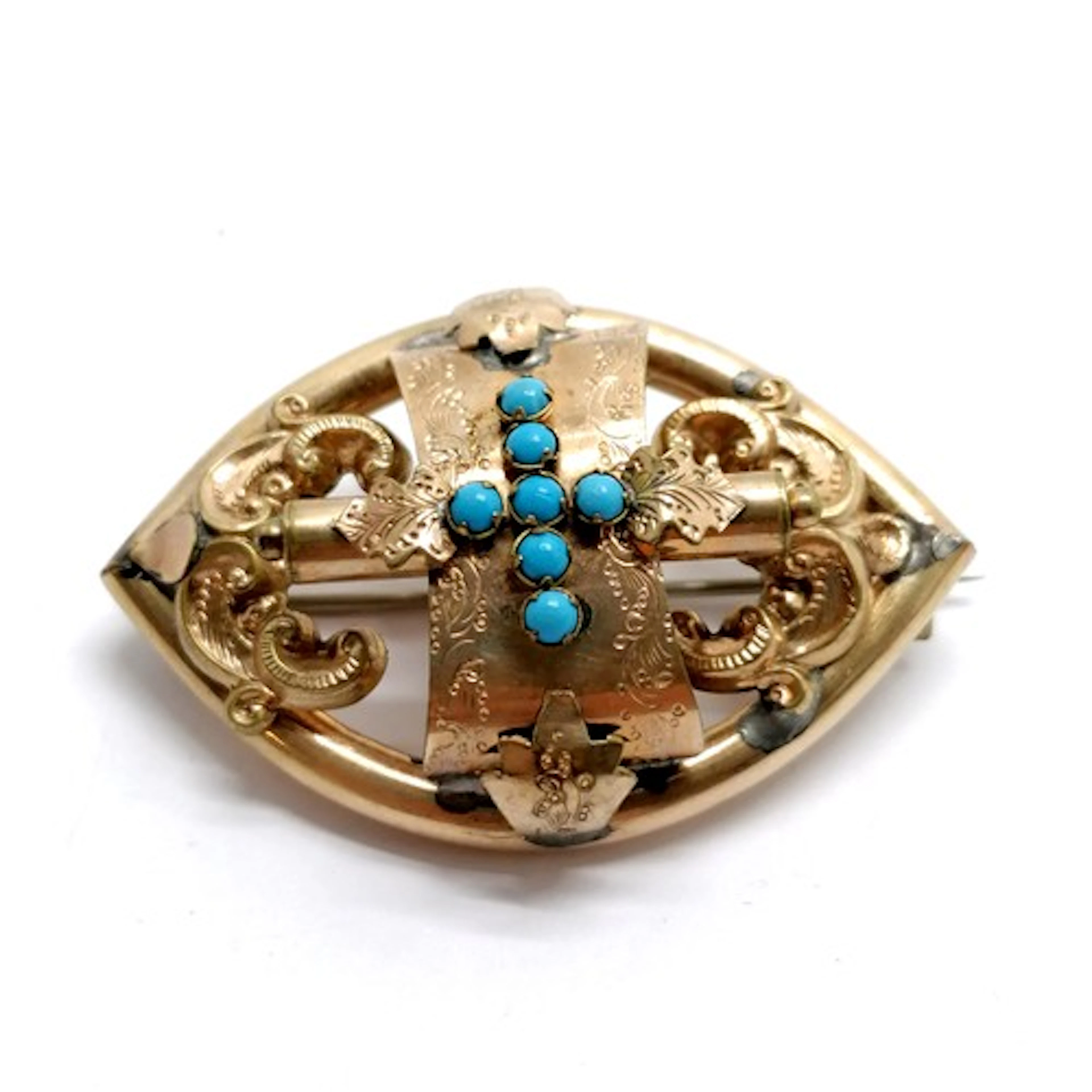 Antique gilt metal brooch with blue bead cross detail - 5cm ...