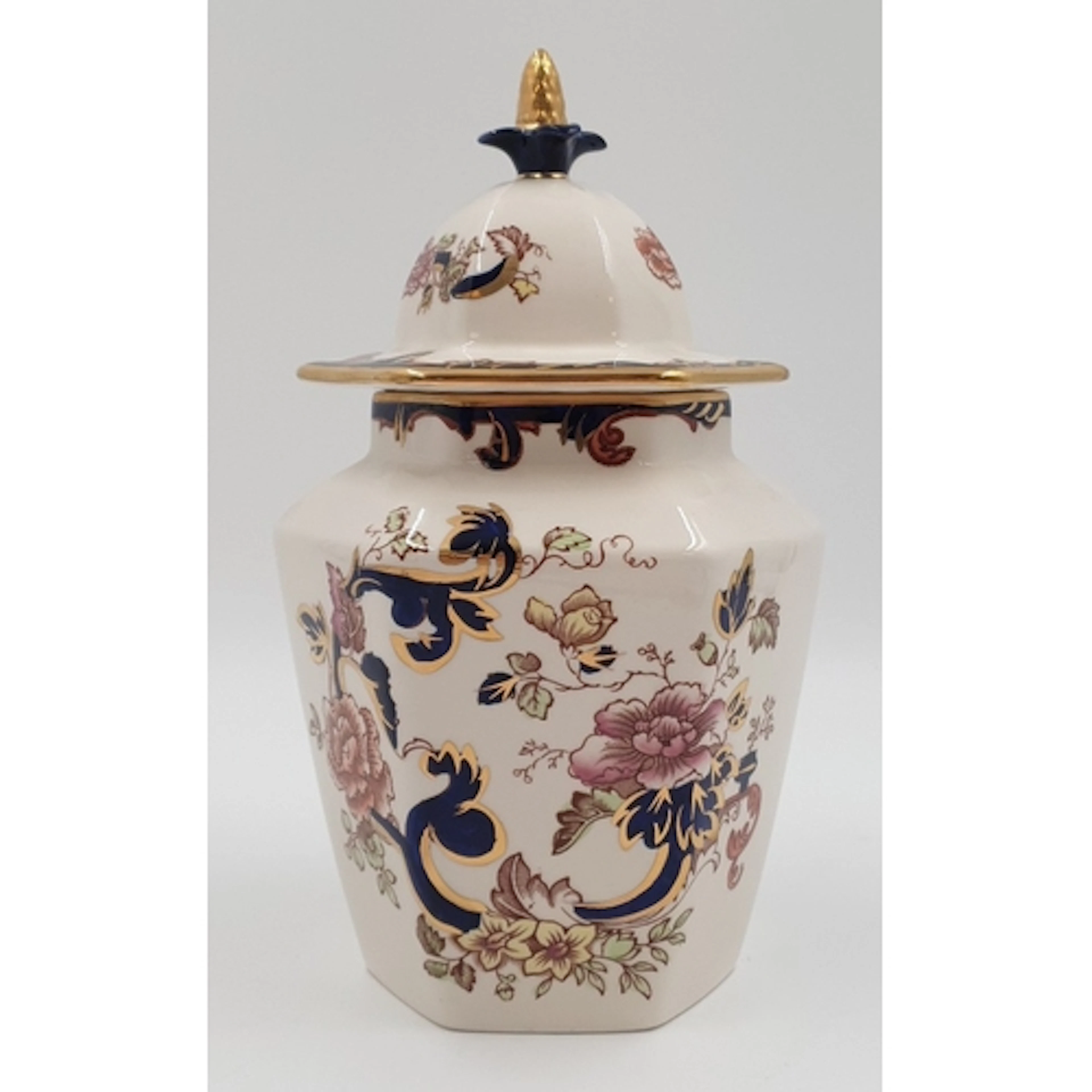 Mason's Blue Mandalay lidded hexagonal ginger jar with flora...