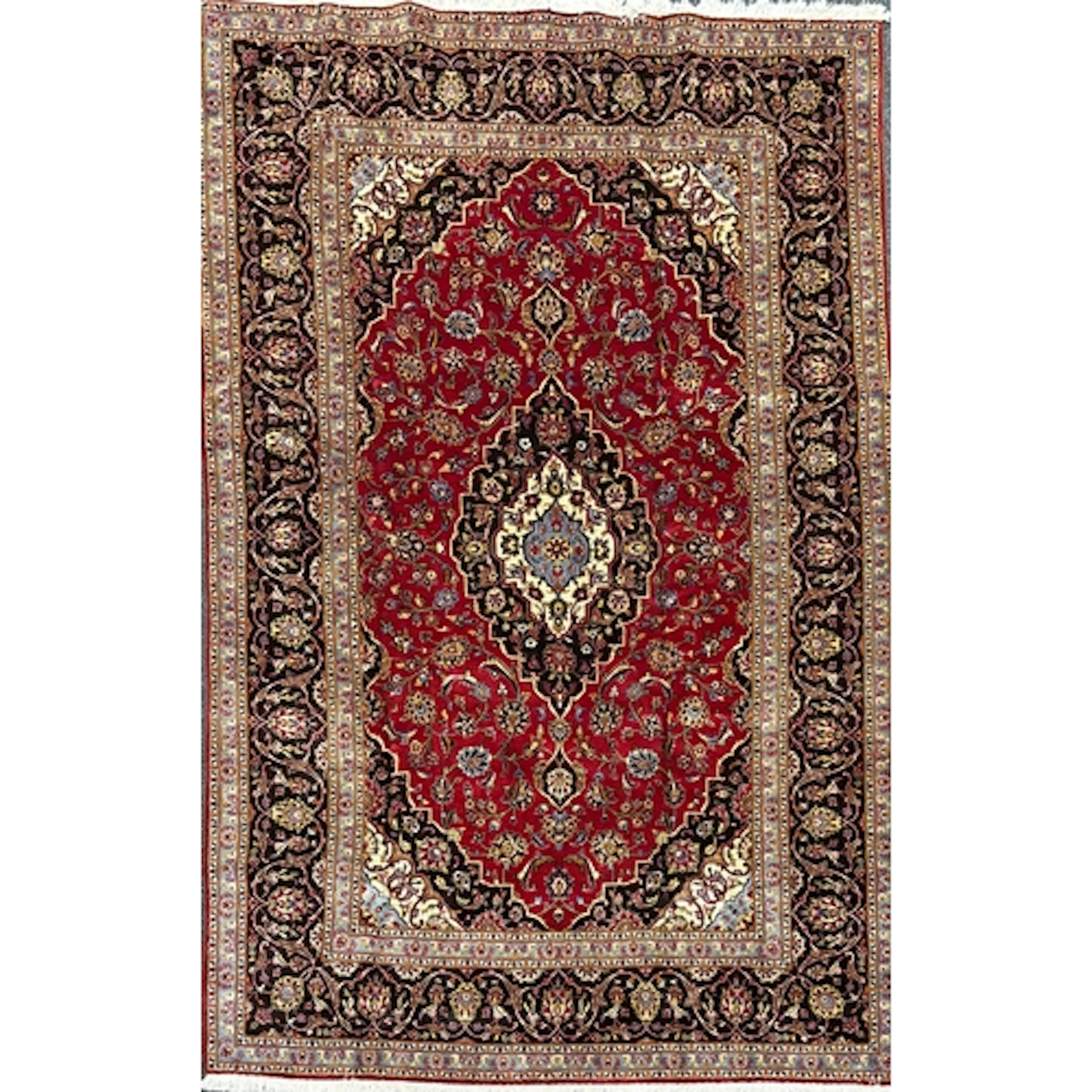 A Persian style rug with a medallion layout. Multi-lobed cen...