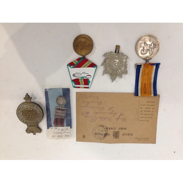 A small group of assorted medals and badges to include a 191...
