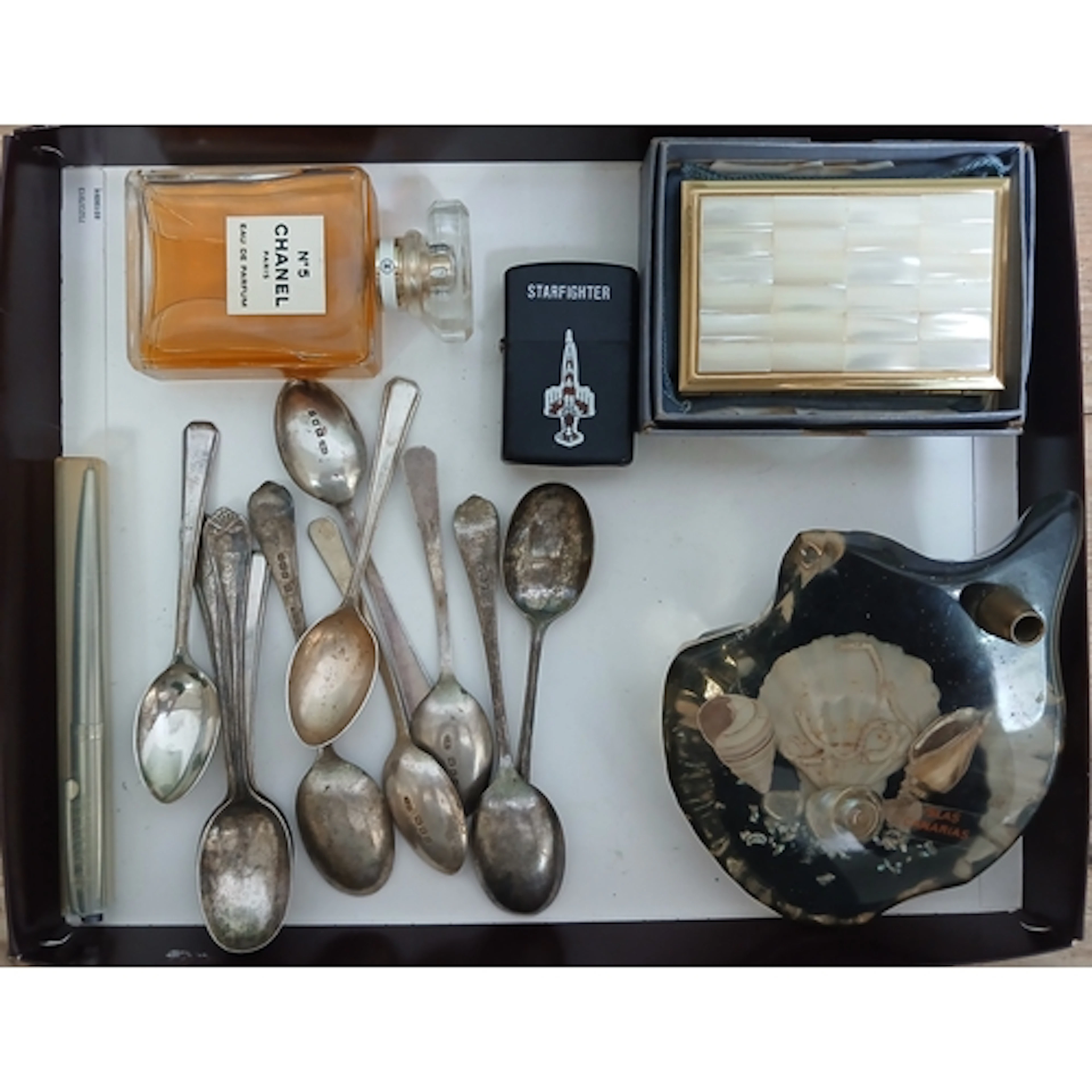 A tray of collectables including a bottle of Chanel No. 5, h...