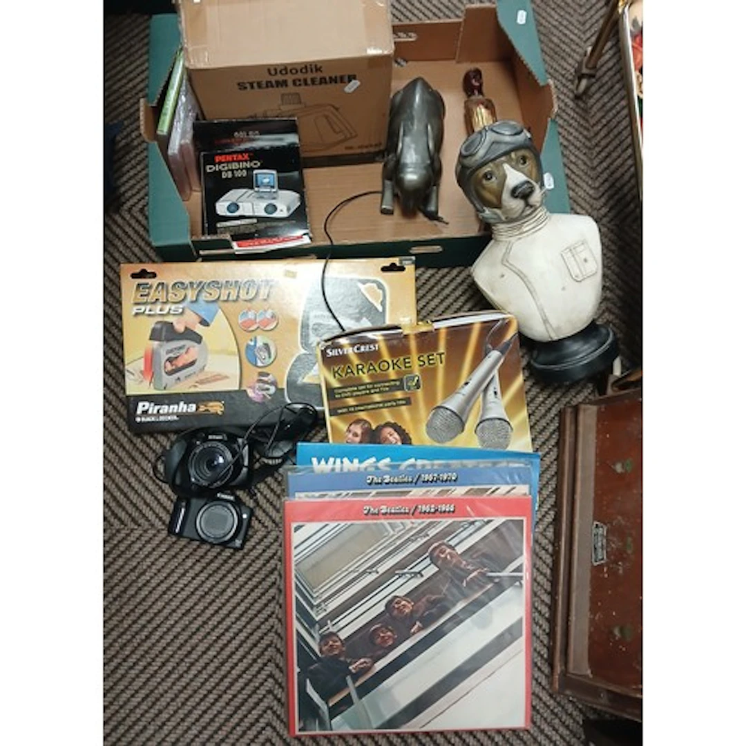 Steam cleaner, Karaoke, Beatles Vinyl's, Dog pilot figure.