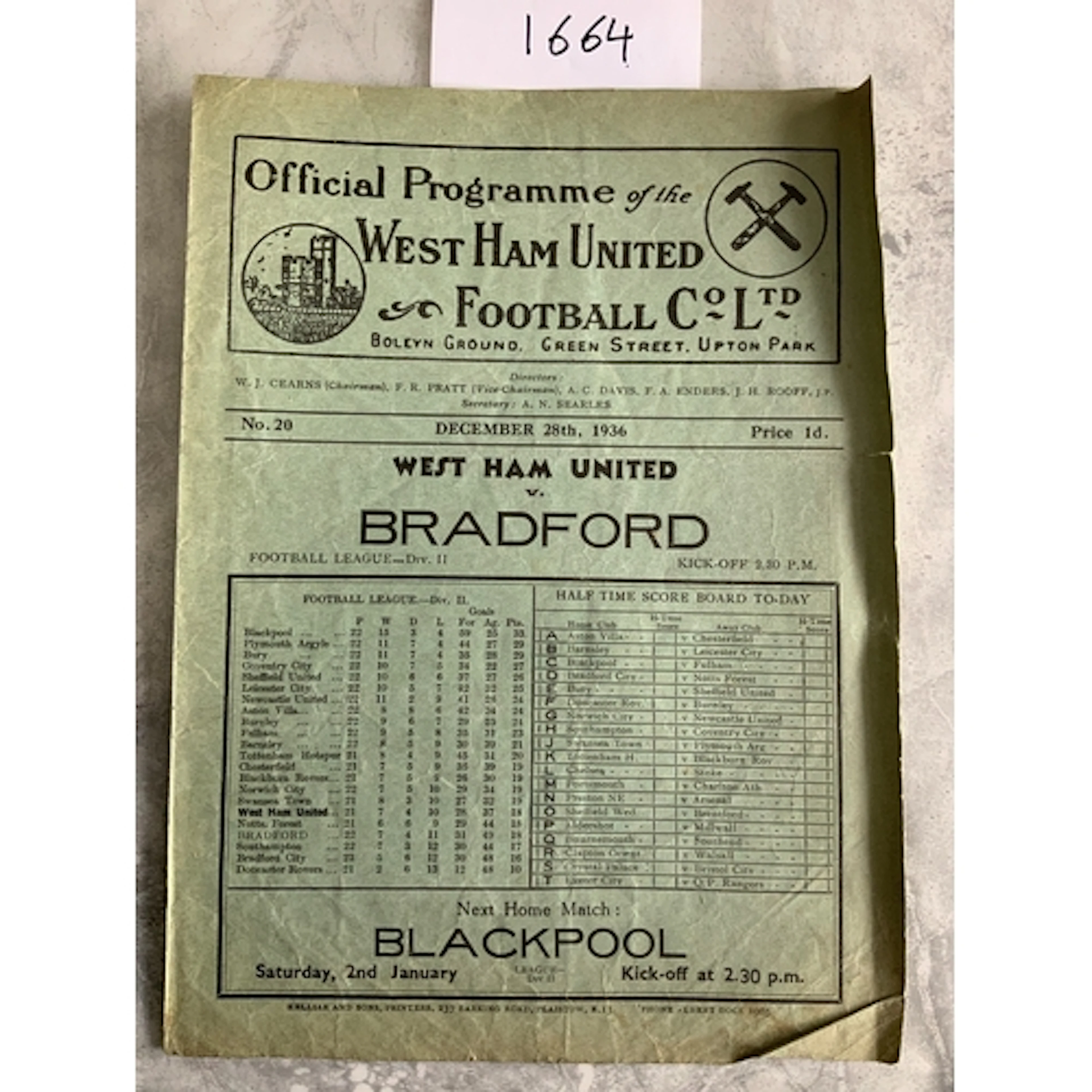 36/37 West Ham v Bradford Park Avenue Football Programme: Fa...