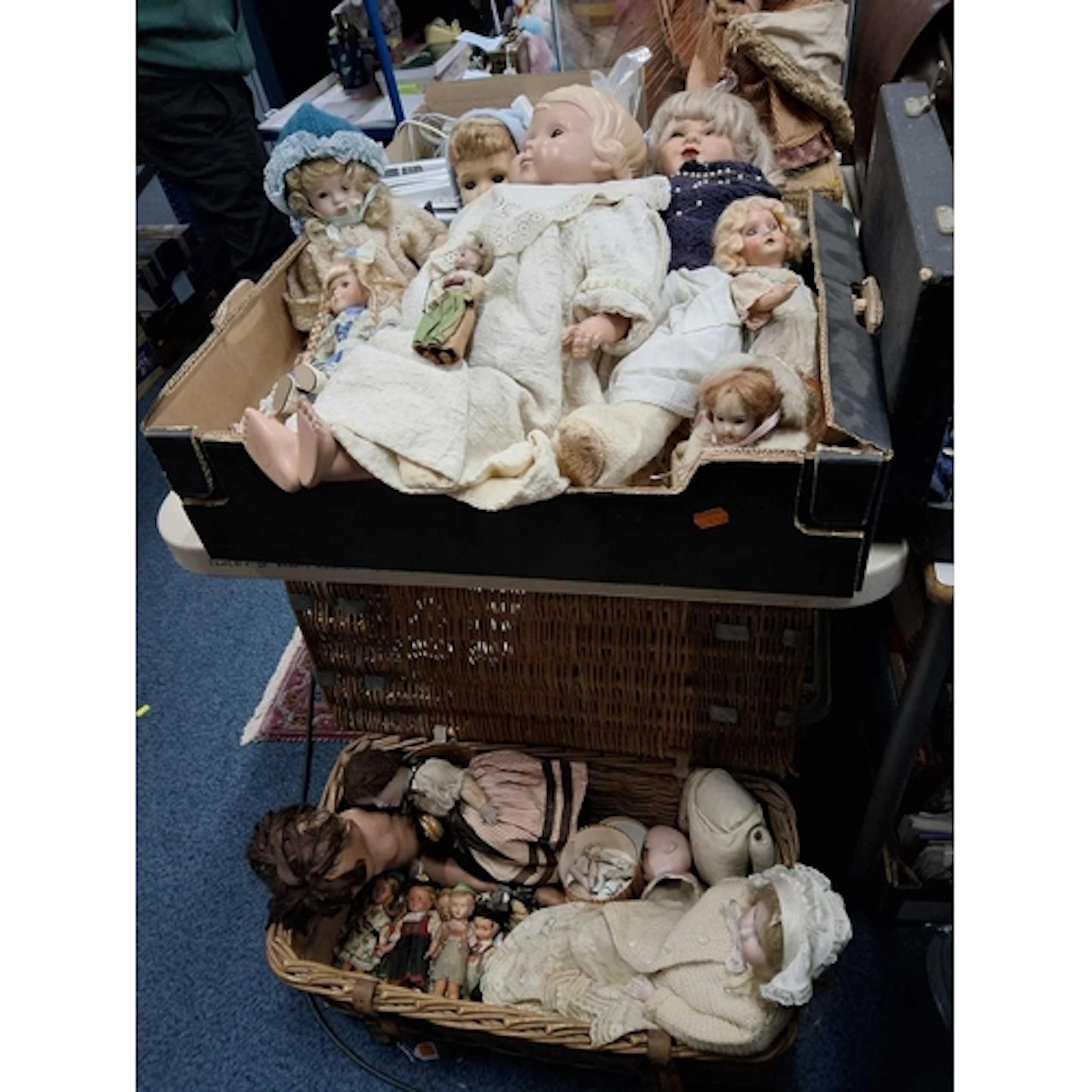 TWO BOXES OF MOSTLY VINTAGE GERMAN BISQUE HEADED AND CELLULO...