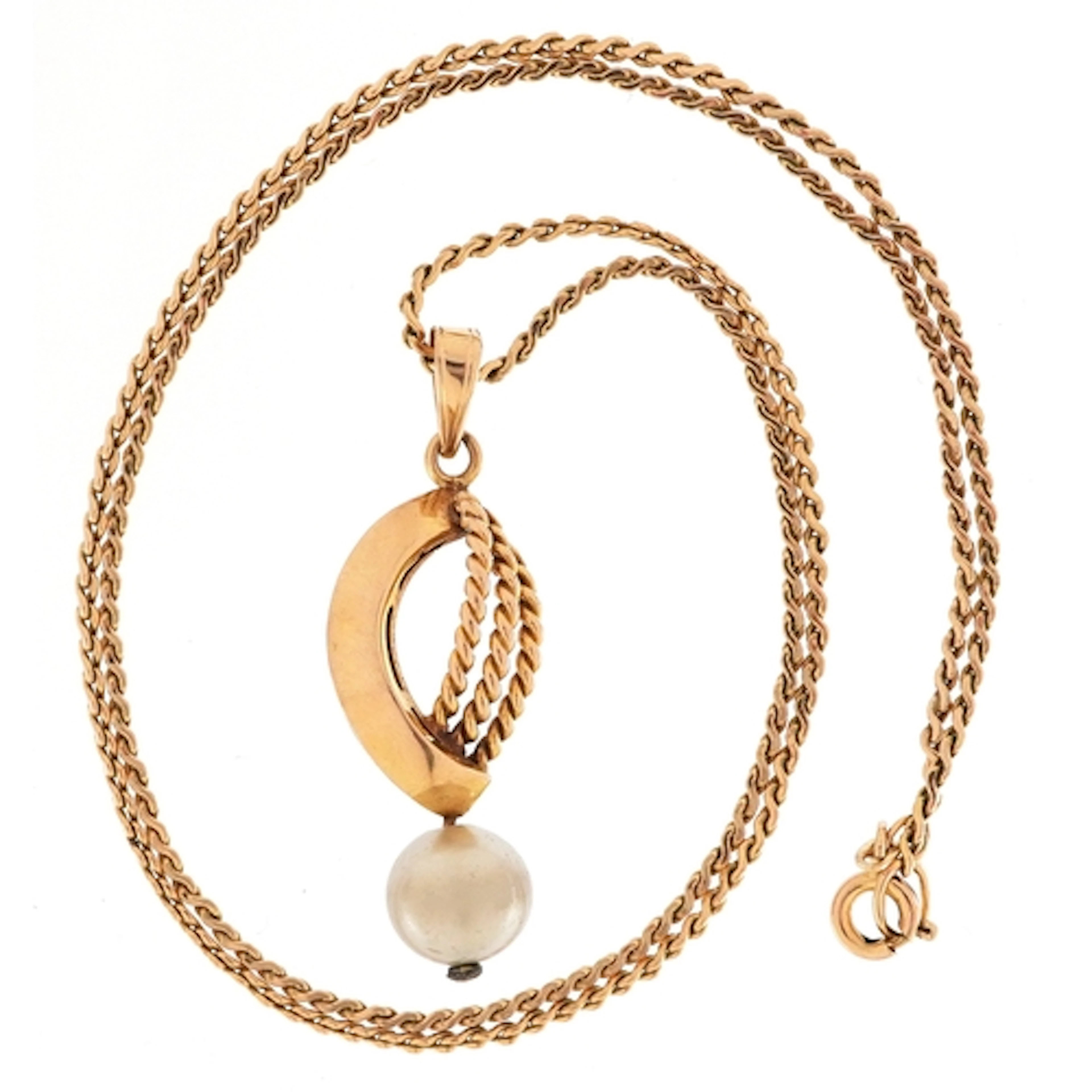 9ct gold simulated pearl pendant on a 9ct gold necklace, 3.4...