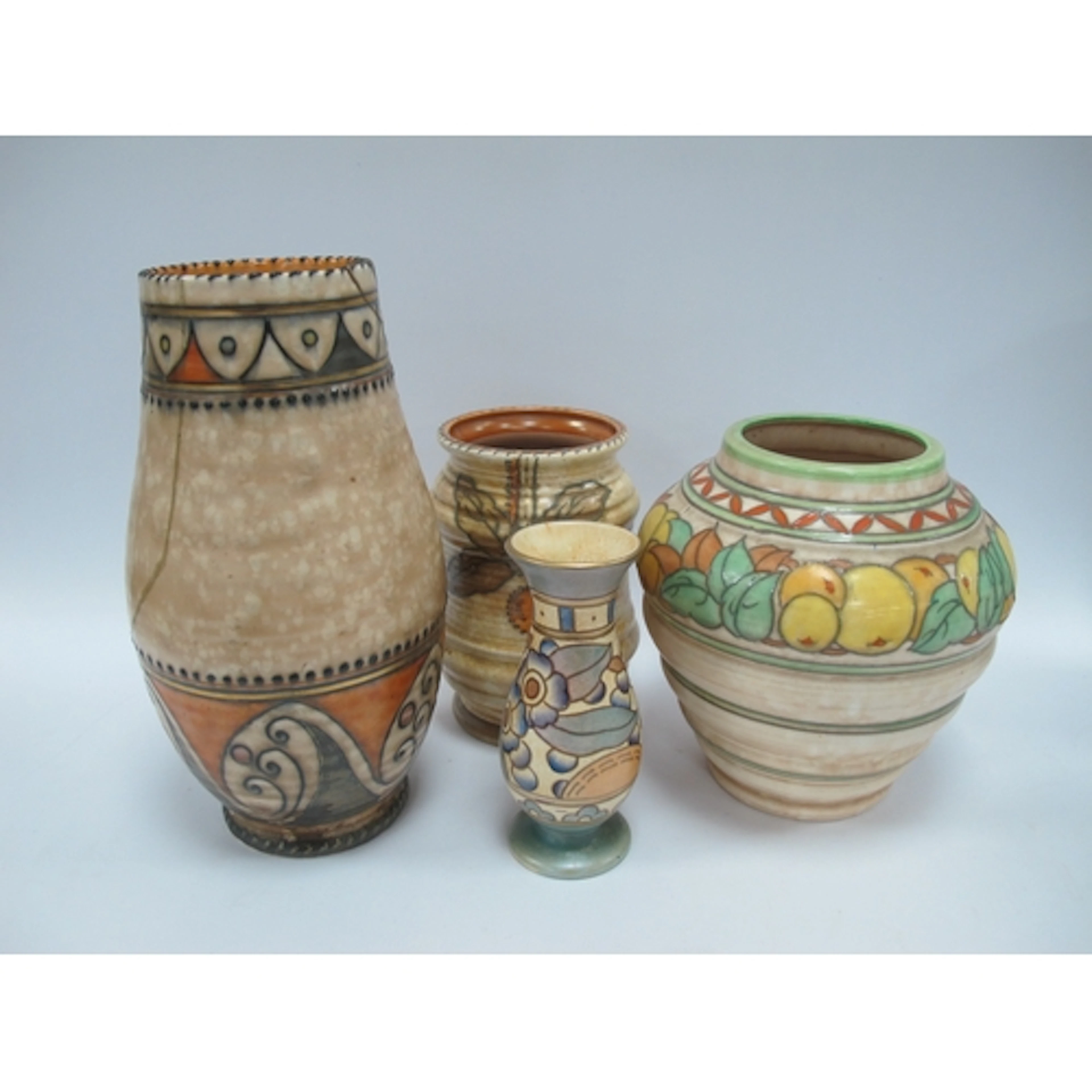 Theee Crown Ducal Charlotte Rhead Vases with faults, the tal...