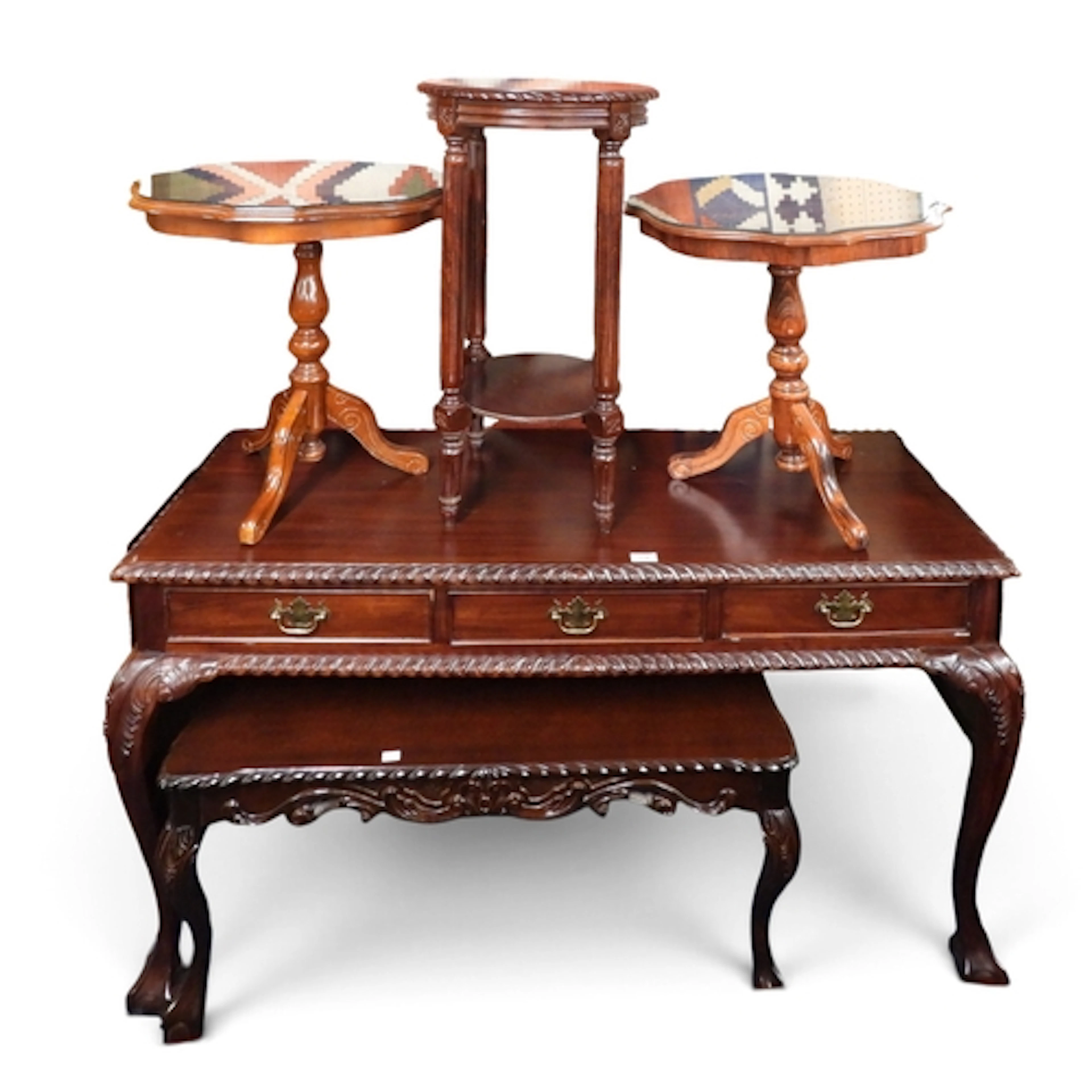 A lot comprising a large three drawer console table on ball ...