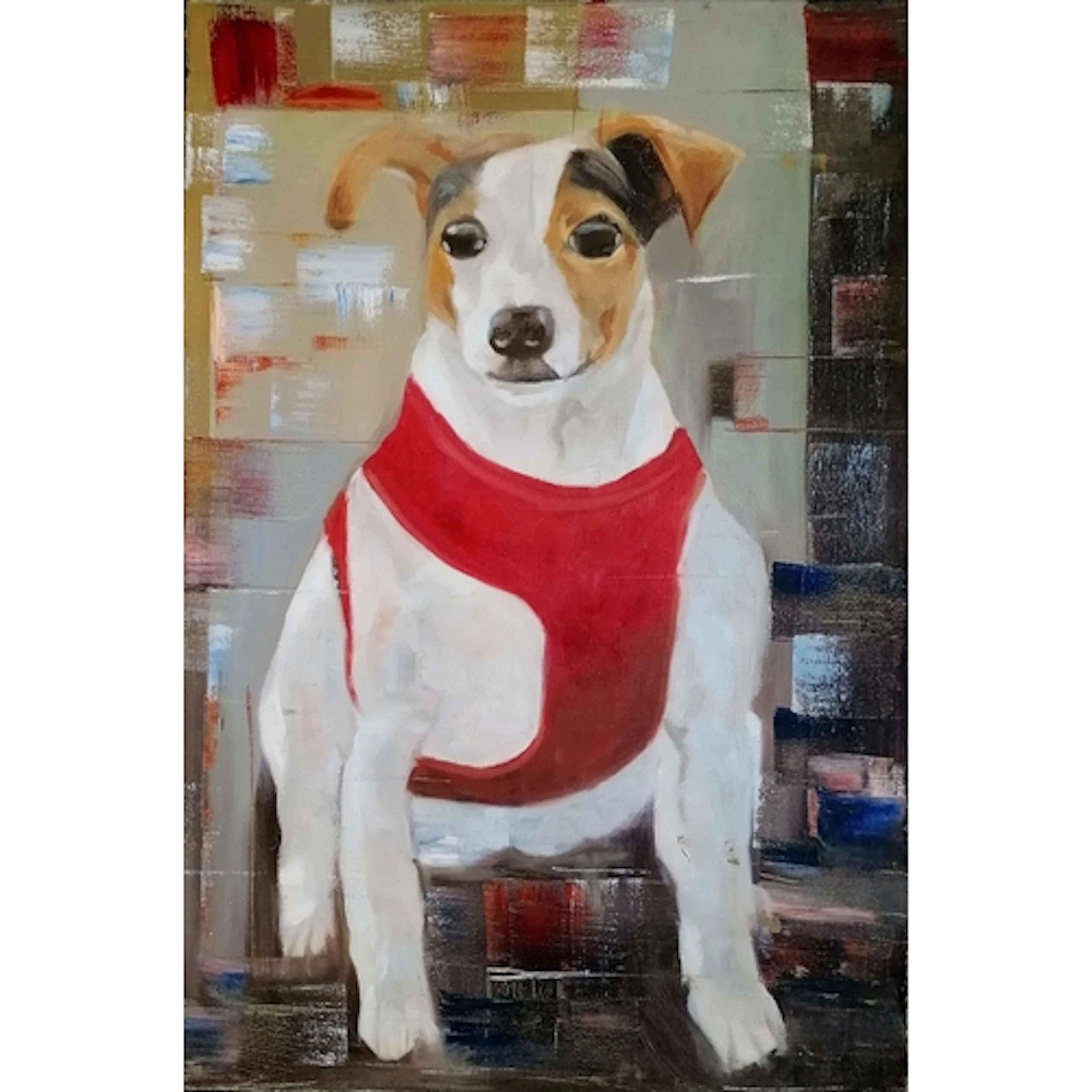 Contemporary oil painting on canvas of a terrier dog wearing...
