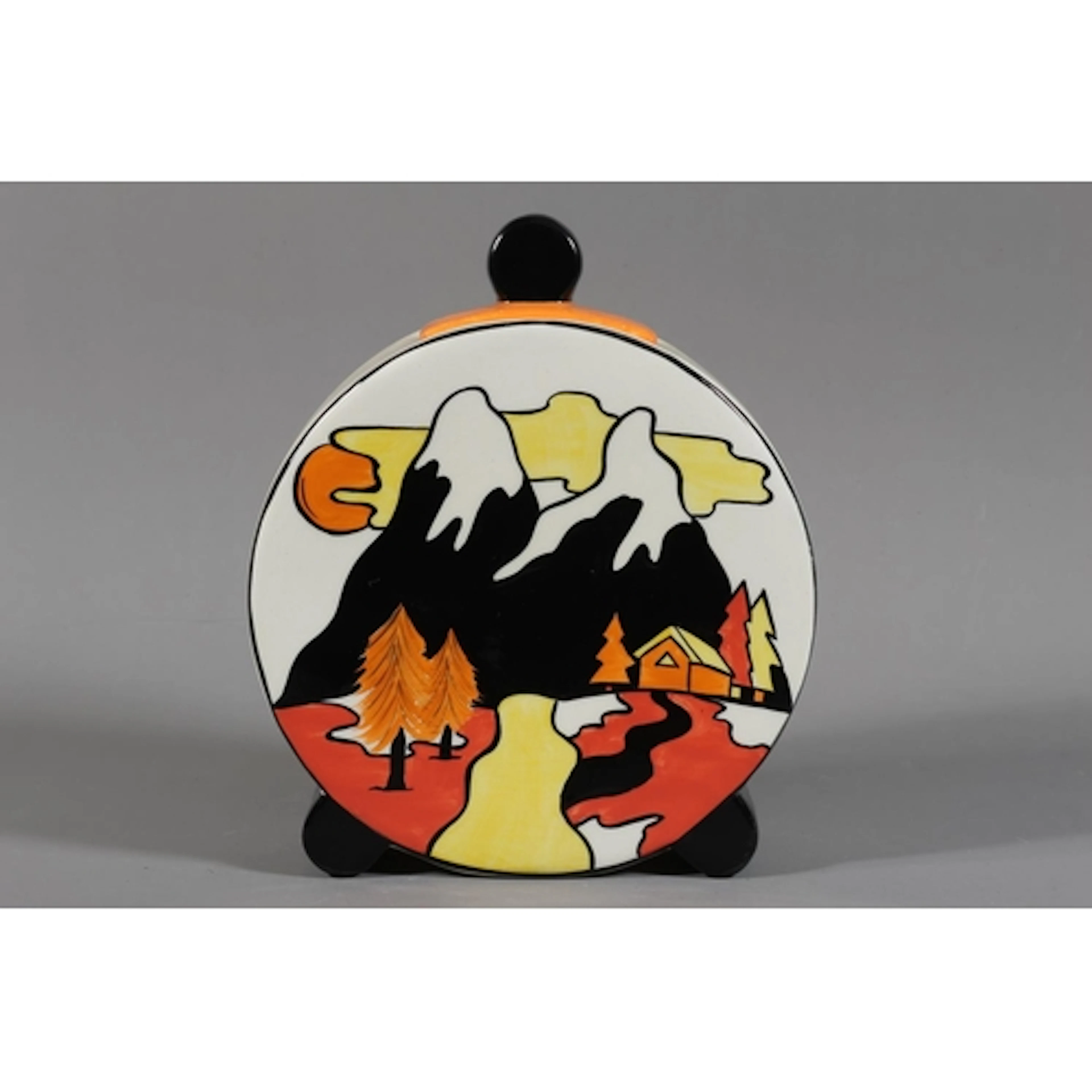 Lorna Bailey Aspen pattern disc shaped lidded vase, produced...