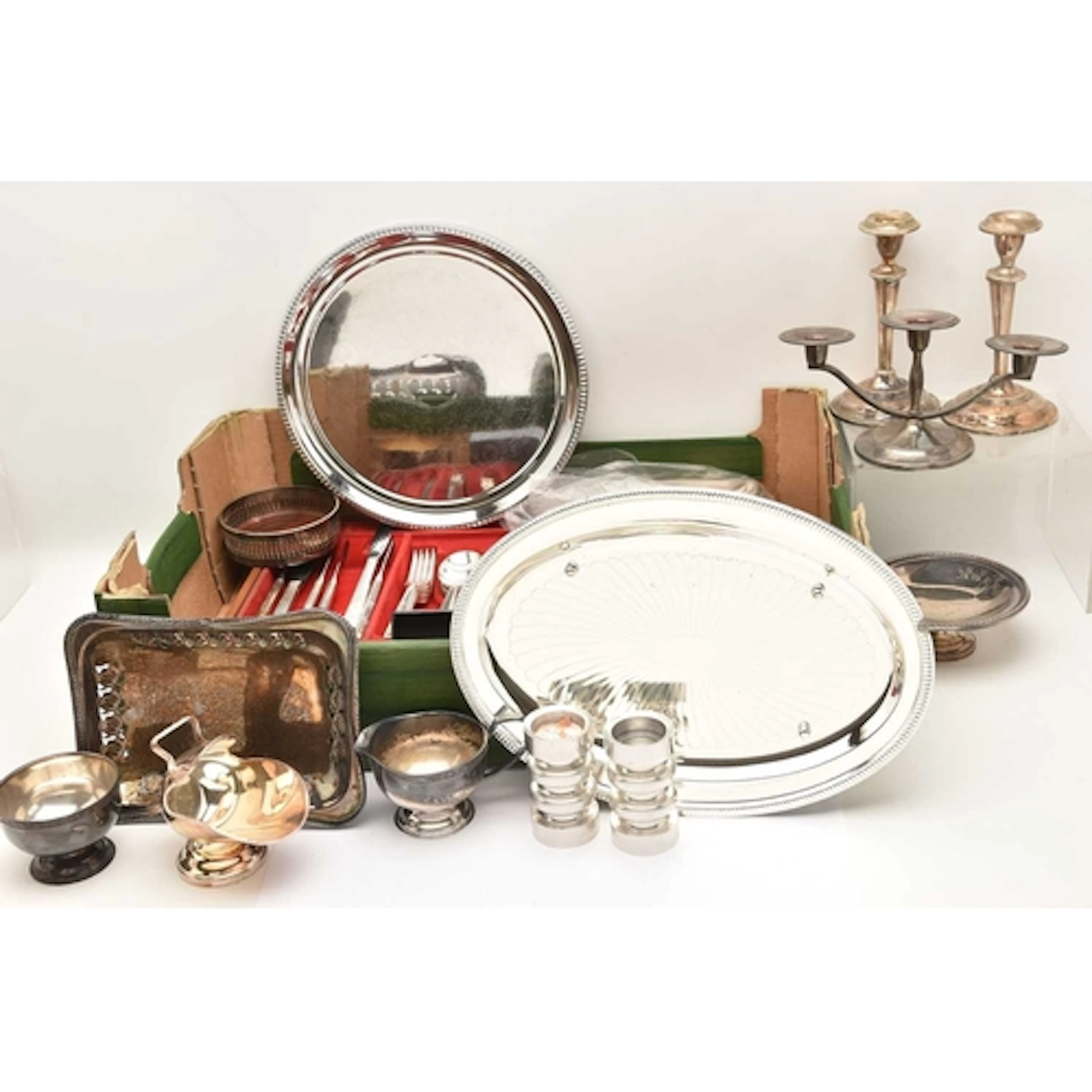 A BOX OF ASSORTED WHITE METAL WARE AND CUTLERY, to include t...