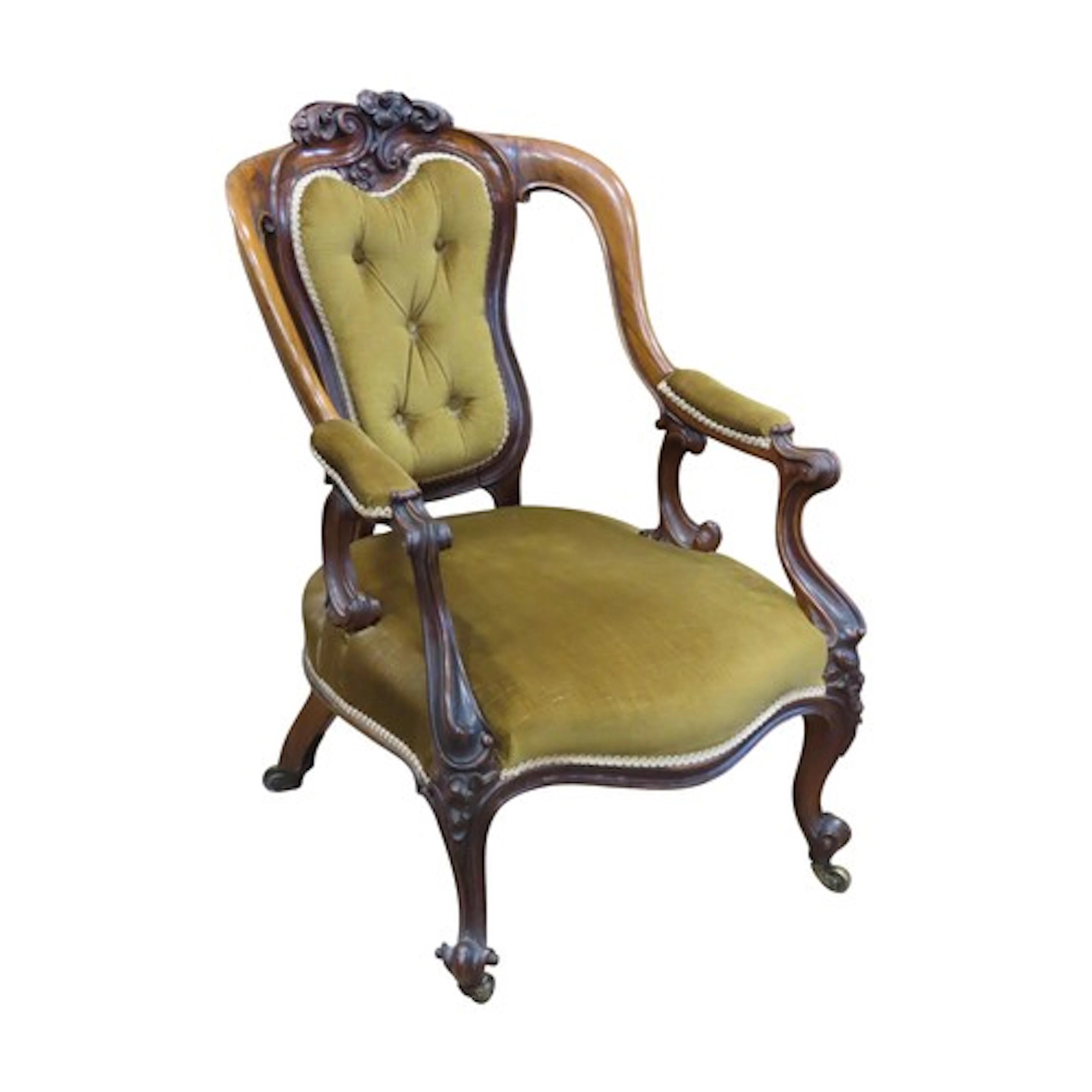 A Victorian drawing room chair with upholstered seat and but...