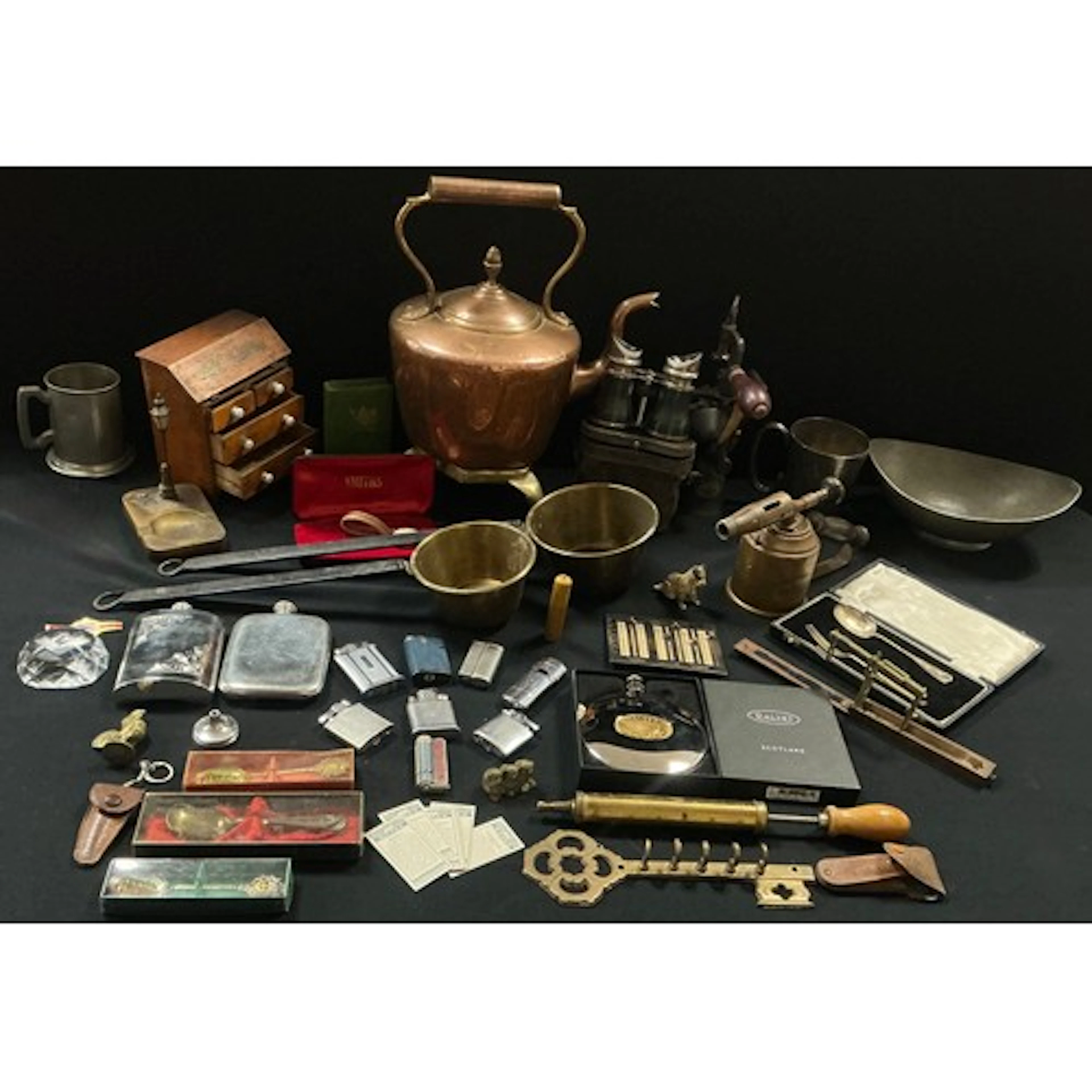 Boxes and objects a brass tea kettle, a Spong&Co of London m...