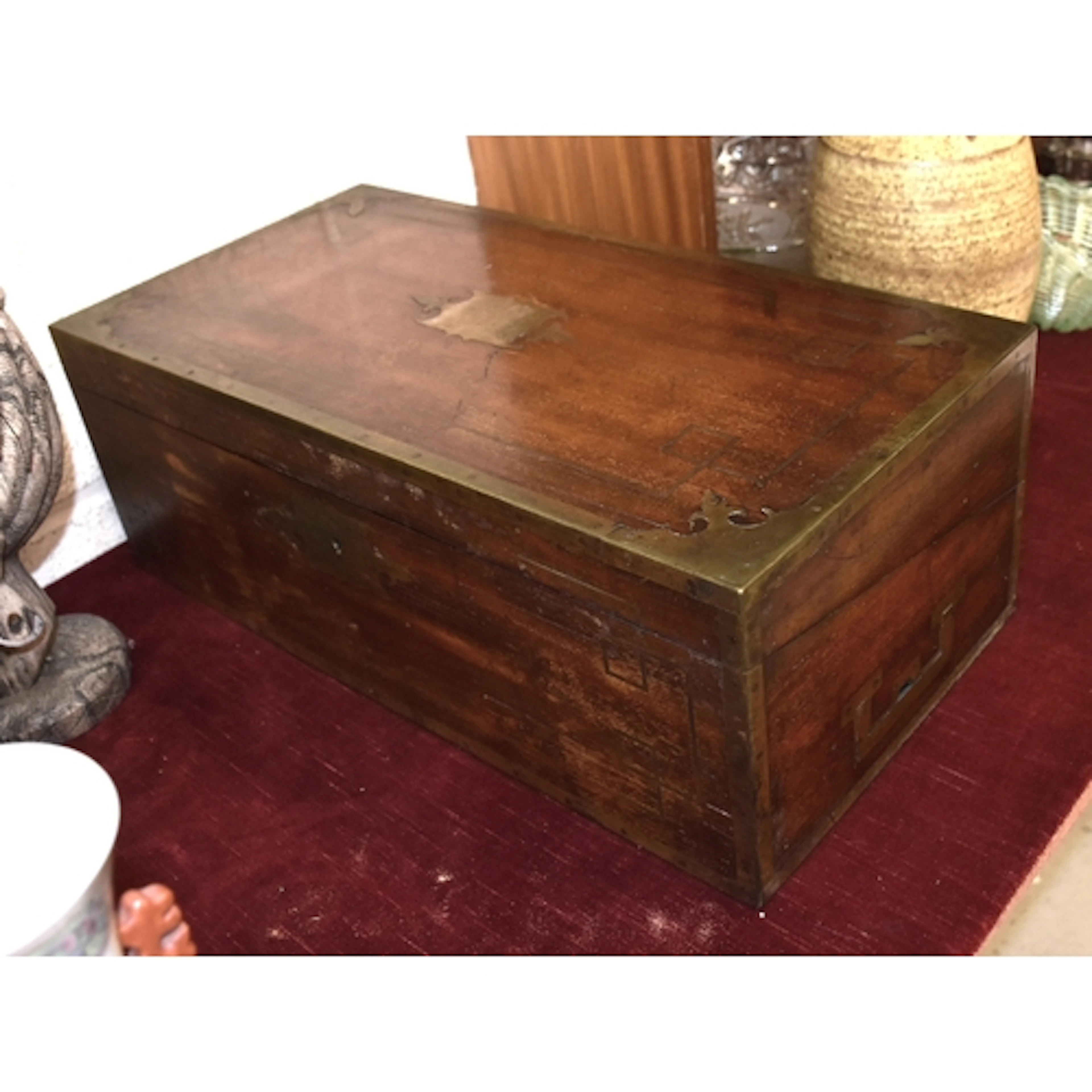 A brass-bound mahogany lap desk with side drawer, (fitting i...