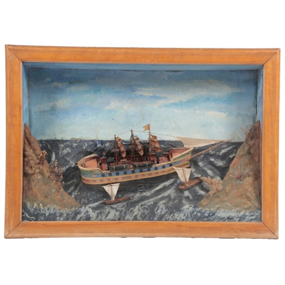 Folk Art - A diorama of a ship at sea, early 20th century, m...