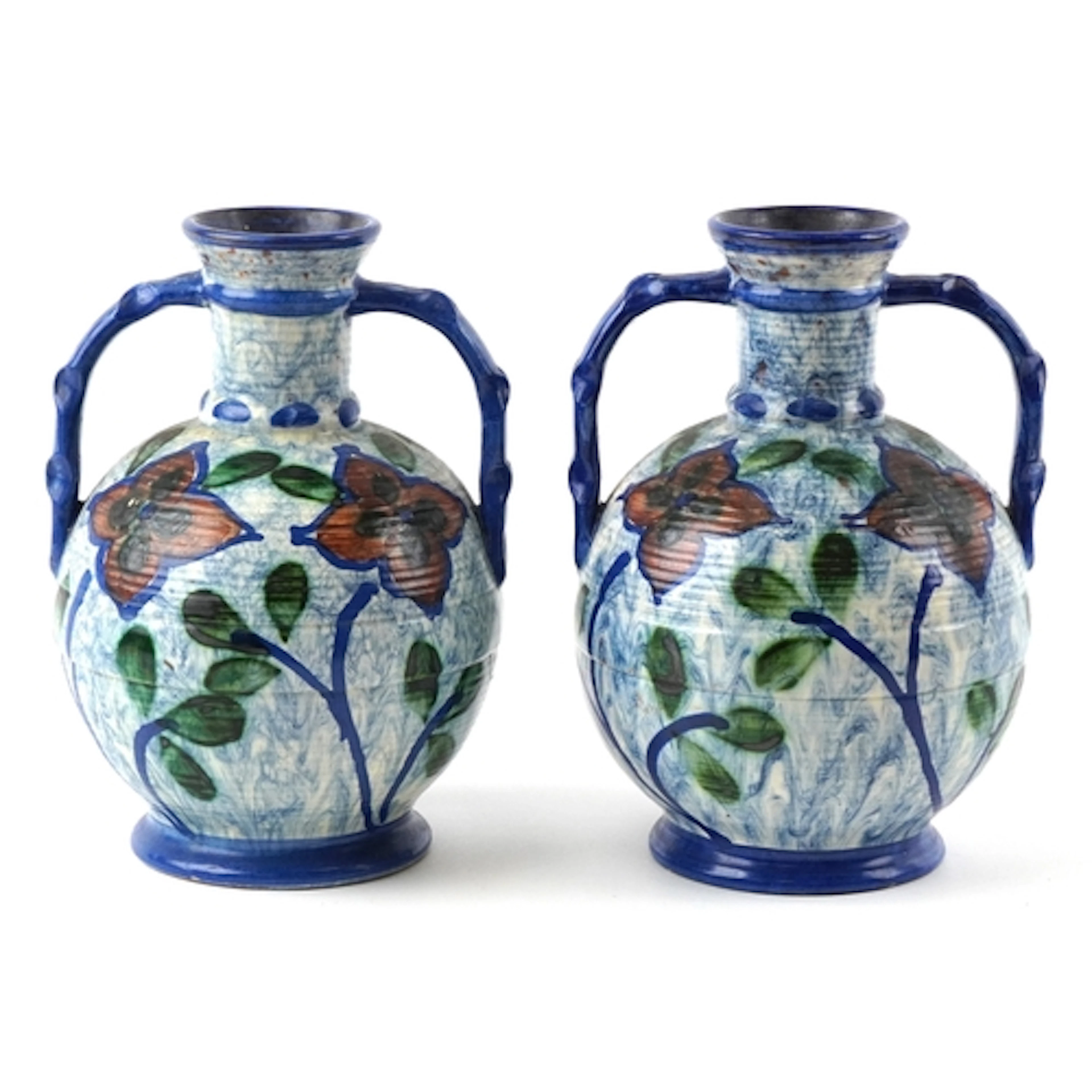 Pair of Swedish twin handled pottery vases hand painted with...