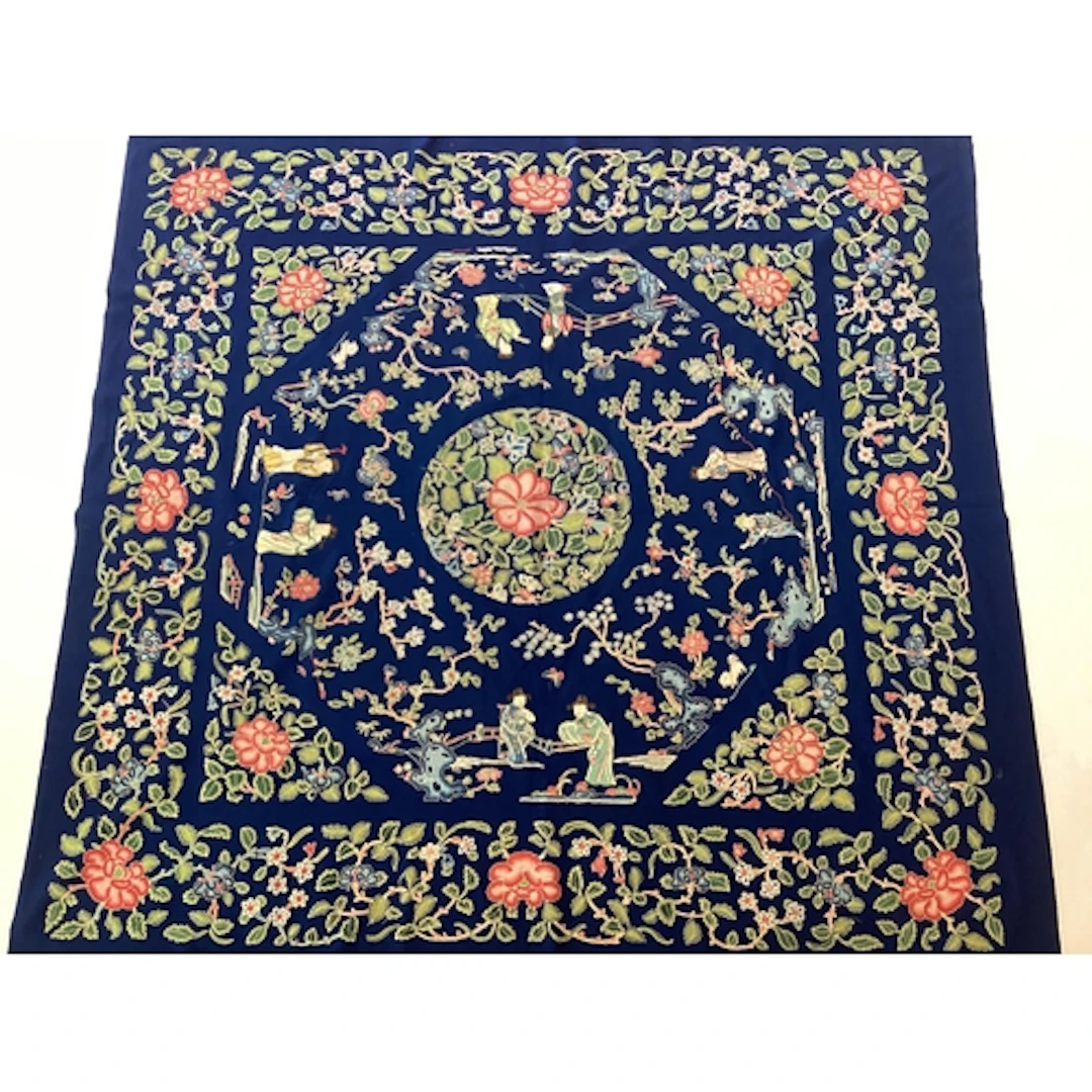 A large 19th Century Chinese blue felt silk embroidered hang...